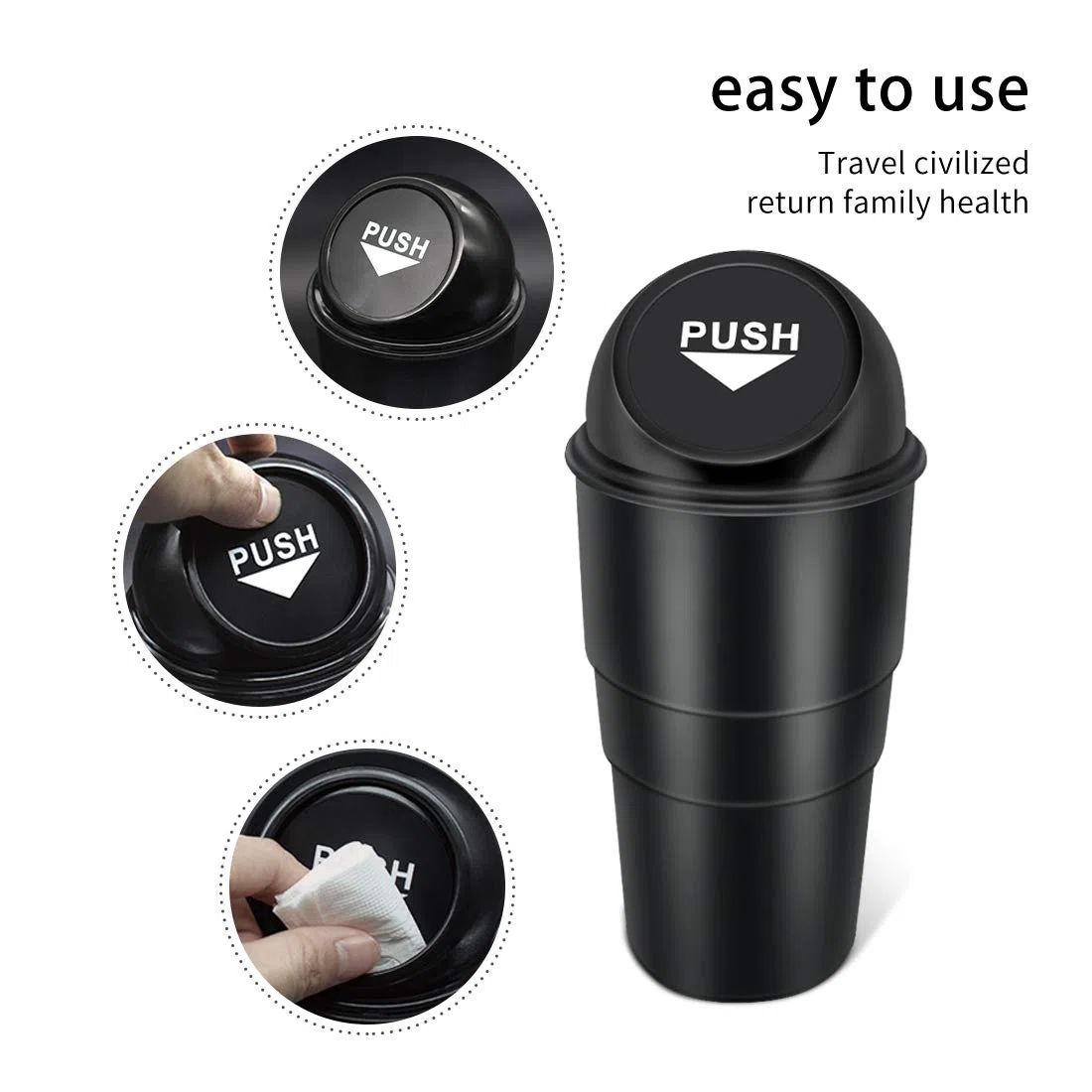 Cubo de basura para coche con tapa, a prueba de fugas, contenedor de basura pequeño para automóvil, oficina, hogar, cocina, dormitorio, set de 2 (negro)