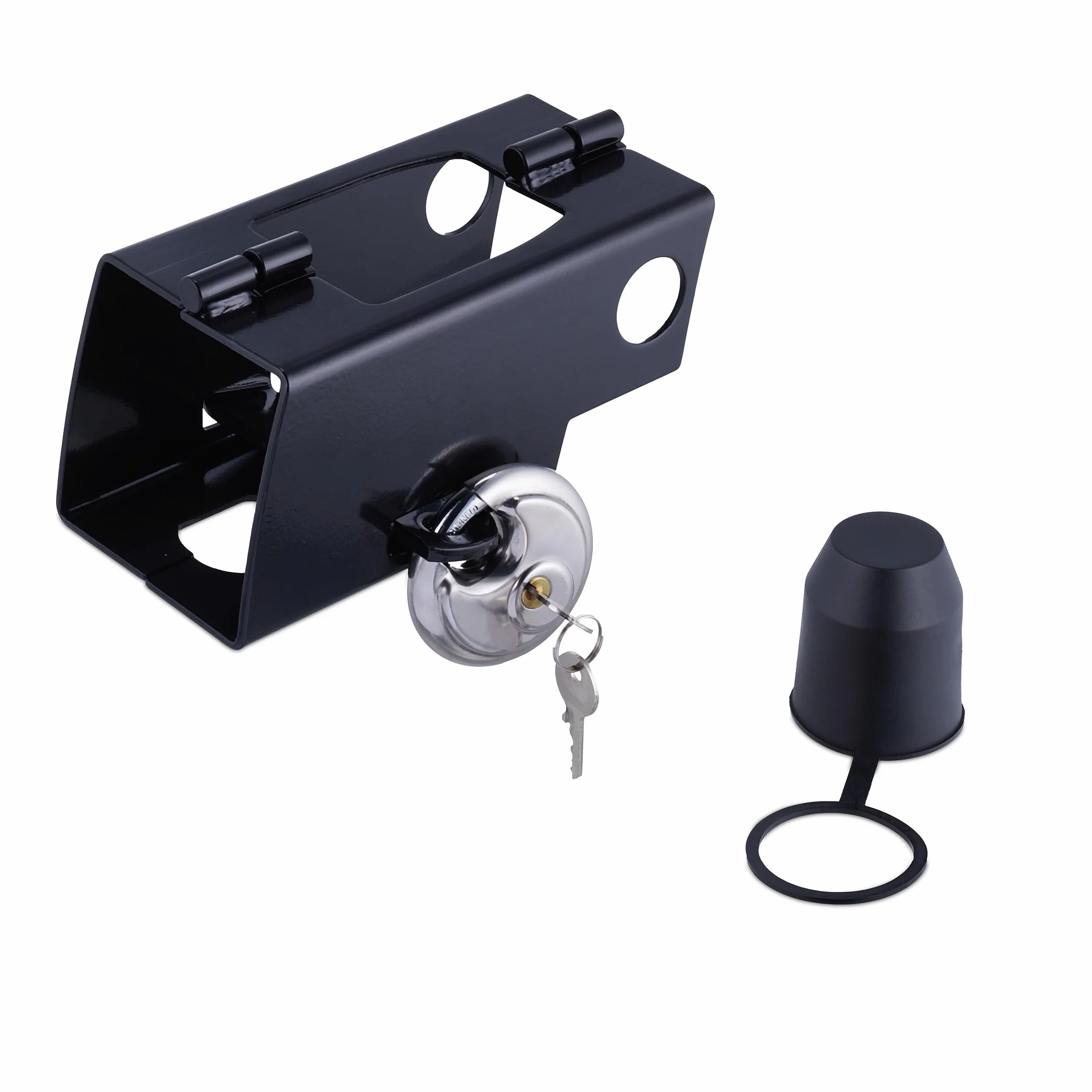 Relaxdays Candado Remolque, Protección Antirrobo para Caravana Acoplada o No, Cerradura de Disco, Tapa Protectora, Negro