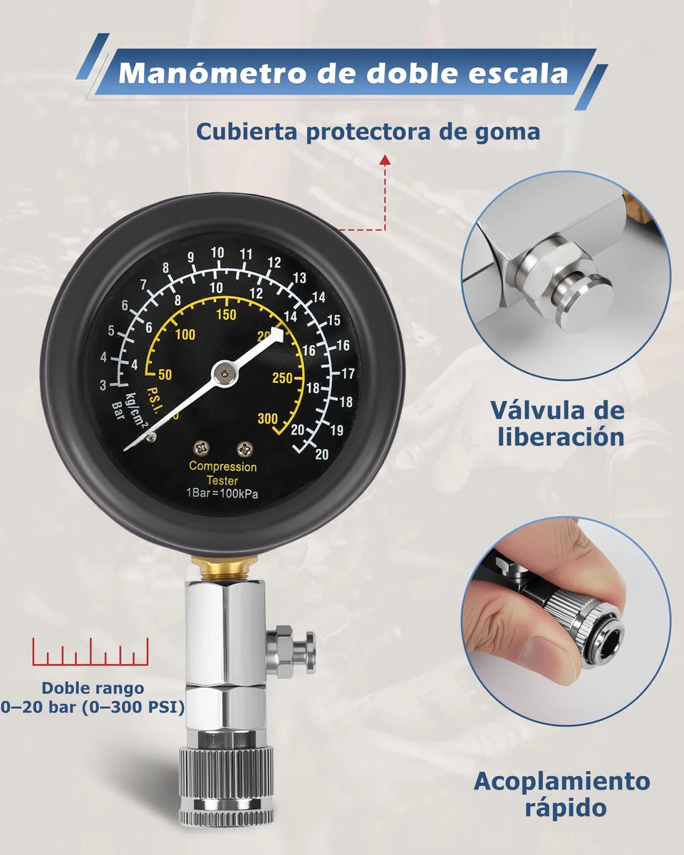 DAYUAN 9 piezas Comprobador de compresión Comprobador de Compresión Motor Comprobar Compresión Medir Coche M10 M12 M14 M18 0-20 bar & 0-300 PSI