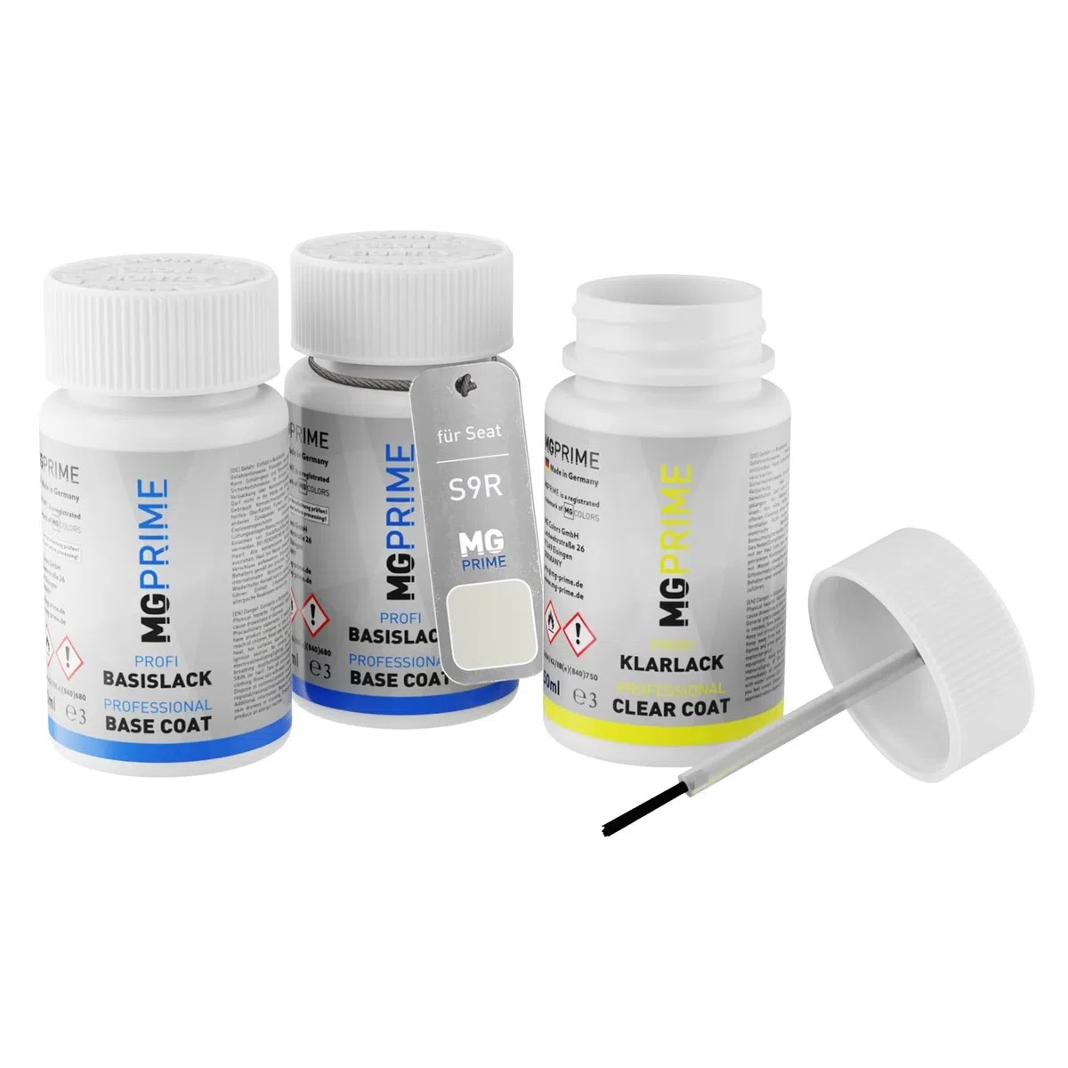 MG PRIME Pintura automotriz Set de lápices de retoque para Seat S9R / 2Y Blanco Nevada Pearl/Glacial White Metallic Pintura de fondo/base pintura transparente, 50 ml cada uno