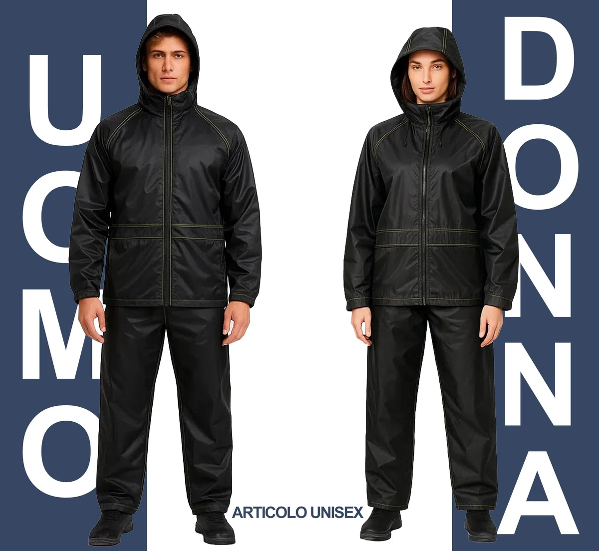 Auto Accessori Lupex Mono de moto, impermeable, resistente a la lluvia, cortaviento, negro, con bolsillo, completo con chaqueta y pantalón de lluvia con capucha retráctil, PVC, unisex para hombre y