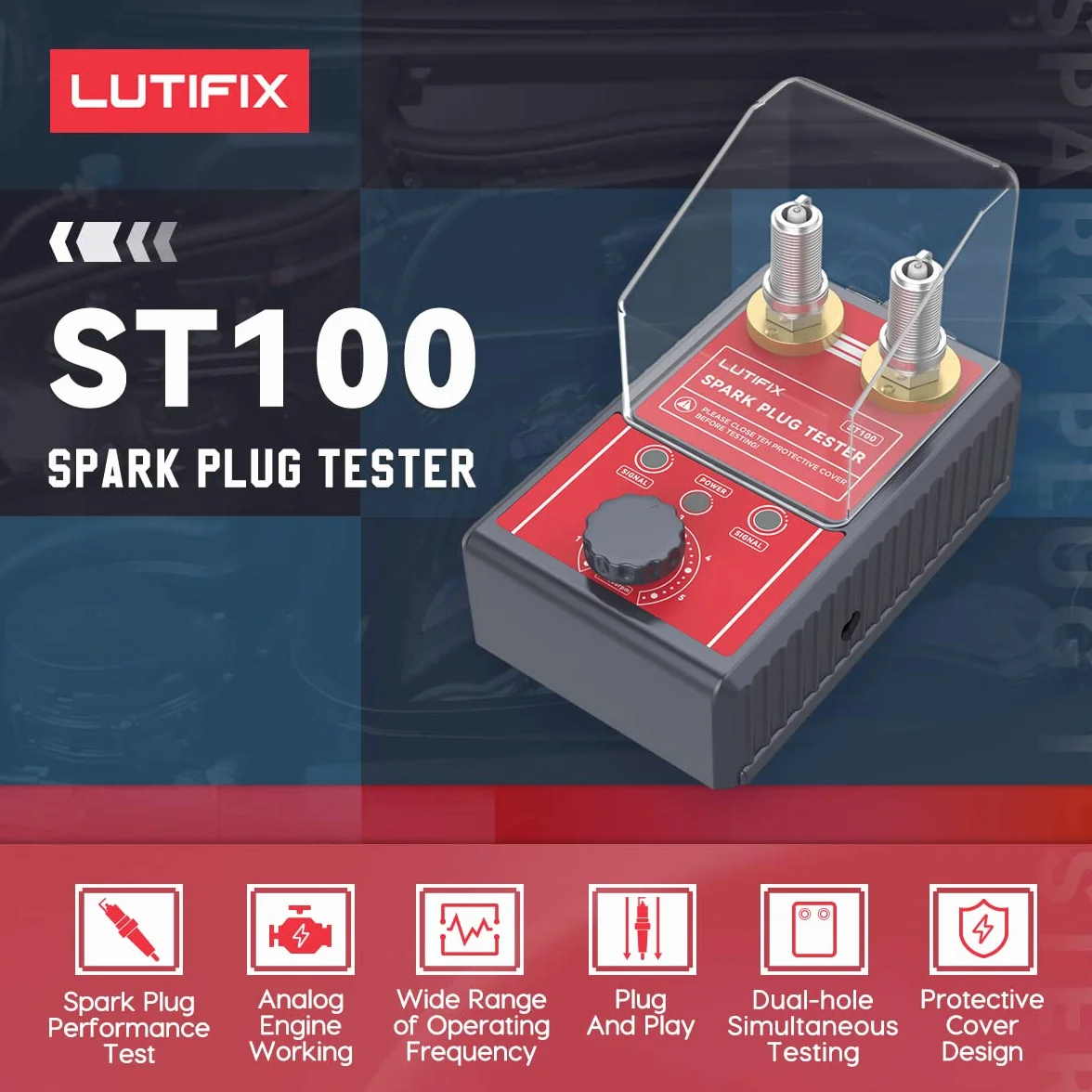 Probador de bujías, analizador de sistema de bujías de encendido de doble orificio automotriz con orificios dobles ajustables y cubierta protectora Bujía de 0 a 6000 rpm Ajustable para bujía de 12 mm