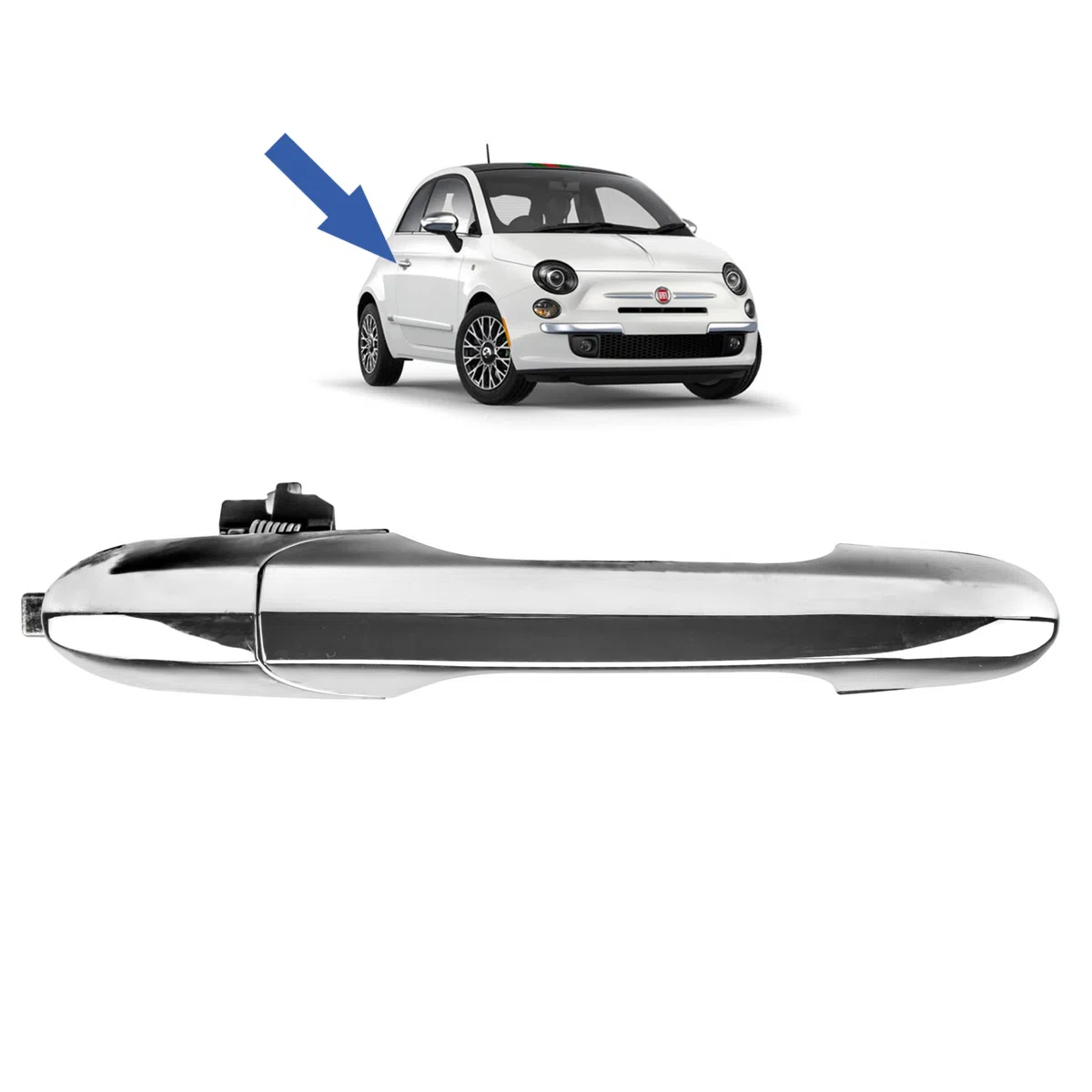 Maneta de puerta compatible para Fiat 500, Fiat 500C y Abarth (2007-2022) manilla exterior | DELANTERA DERECHA (lado pasajero) (cromada) 735592014 | 735451696 | 735485874 | 735592026