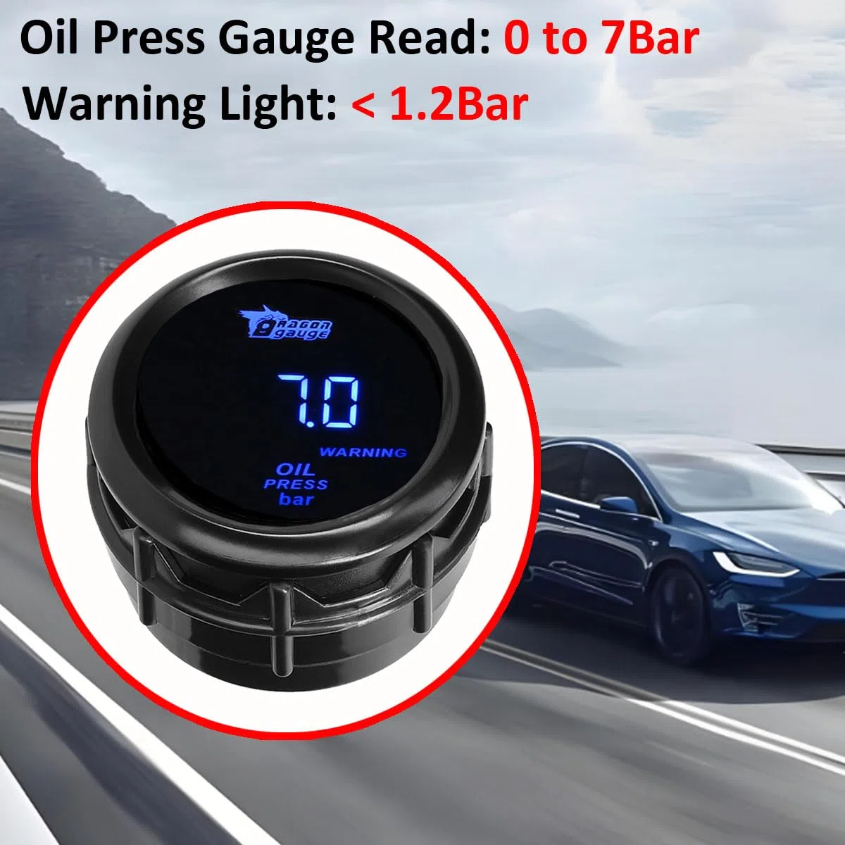Medidor de Presión de Aceite para Coche 52mm Indicador de Aceite Presión para Auto 12V Azul Luz Digital Manómetro de Press para Automóvil 0 a 7 Bar