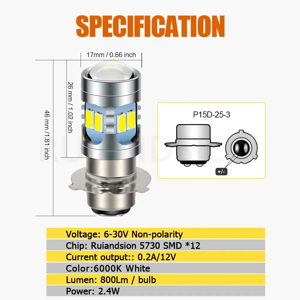 Ruiandsion P15D-25-3 Bombilla LED 6000K Blanco 6V-24V Super Brillante 5730 12SMD Chips Bombilla LED para faros delanteros de motocicleta (paquete de 2)