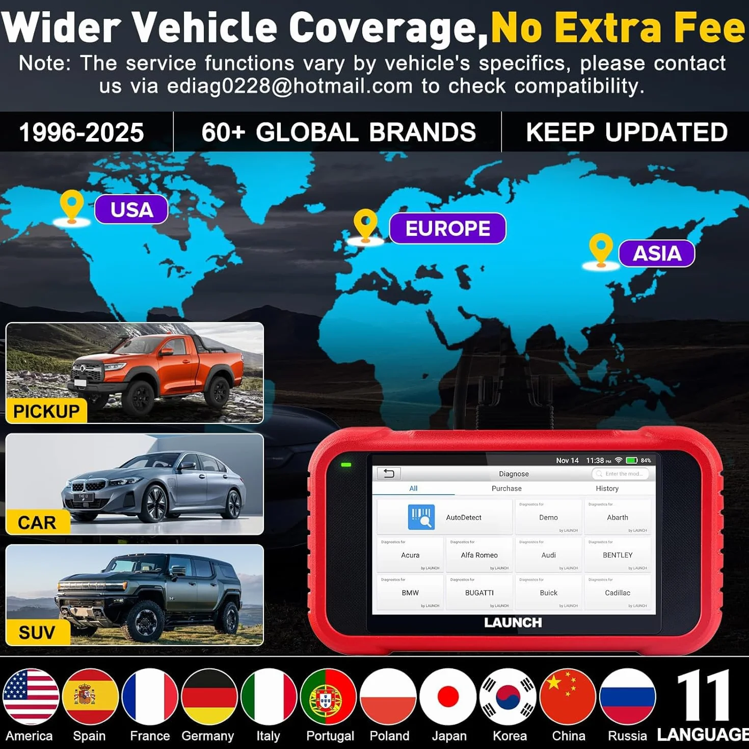 LAUNCH CRP123E V3.0 OBD2 Diagnosis Coche con Sistema de Motor ABS SRS Transmisión y 7 Funciones de Reinicio, OBD 2 Escaner Automotriz Reset de Aceite ETS SAS, Diagnostico Multimarca WIFI Actualización