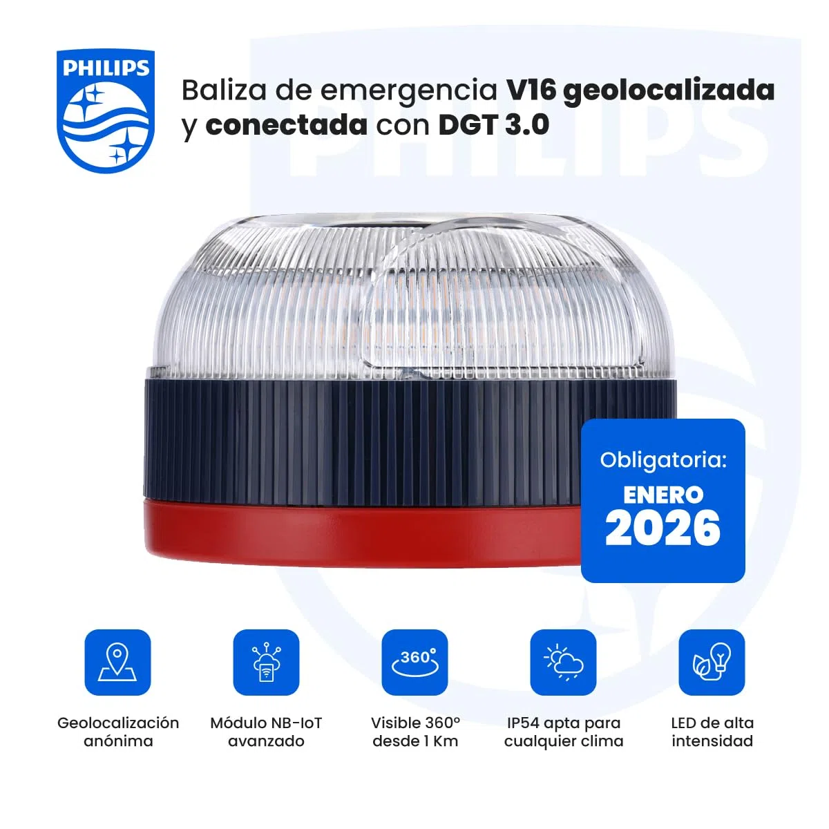 Philips Baliza de Emergencia V16 con Geolocalización y Conexión DGT 3.0 – Homologada, Plan de Datos Incluido, Base Magnética, Alta Visibilidad 1km, Resistente Lluvia y Viento, Pilas AA inlcuidas