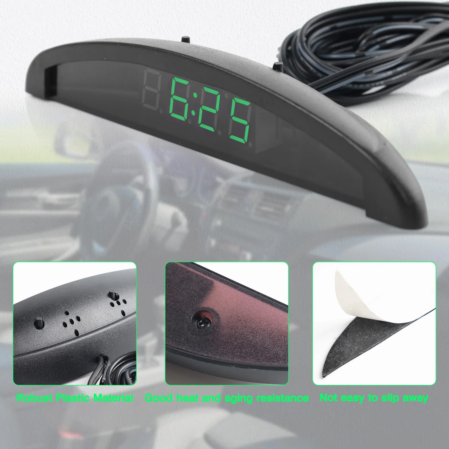 Riloer Reloj de Temperatura del Automóvil, Voltaje del Termómetro del Reloj Digital del Tablero de Instrumentos Automático Universal con Pantalla LCD para el Interior del Automóvil, Verde