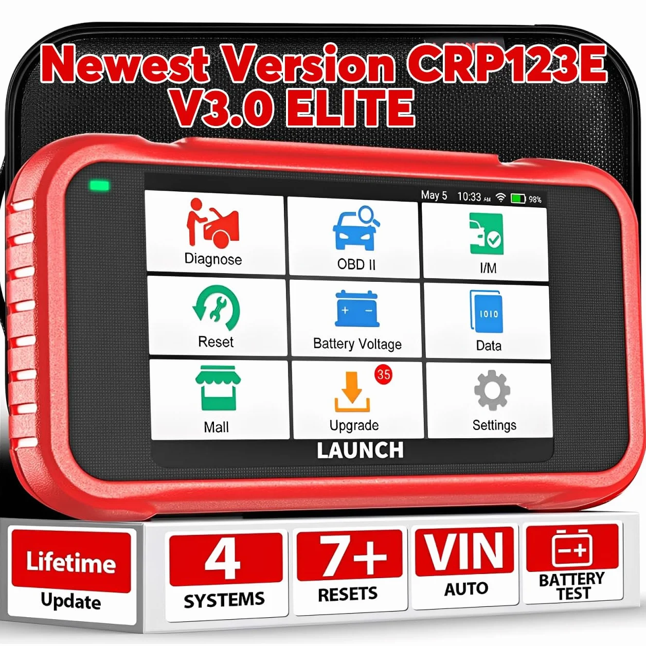 LAUNCH CRP123E V3.0 OBD2 Diagnosis Coche con Sistema de Motor ABS SRS Transmisión y 7 Funciones de Reinicio, OBD 2 Escaner Automotriz Reset de Aceite ETS SAS, Diagnostico Multimarca WIFI Actualización