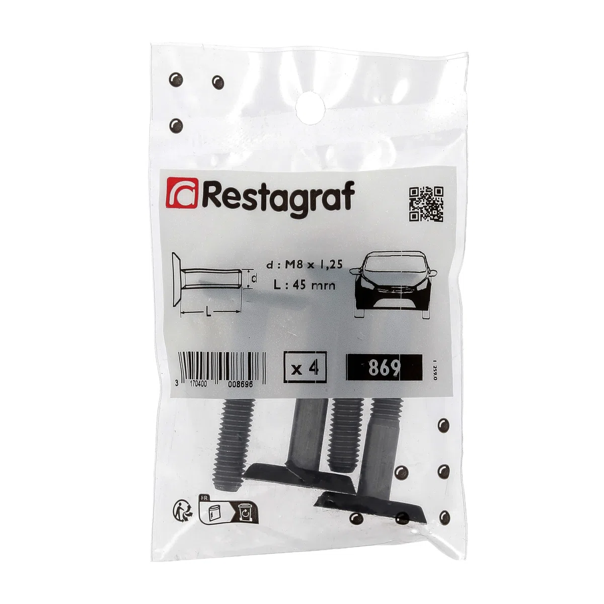 Restagraf – Tornillos rectangulares Especiales Escudo – Fijación Carrocería y Piezas mecánicas – Acero – M8-1,25 x 45 mm – Ref. 869 – Bolsa de 4