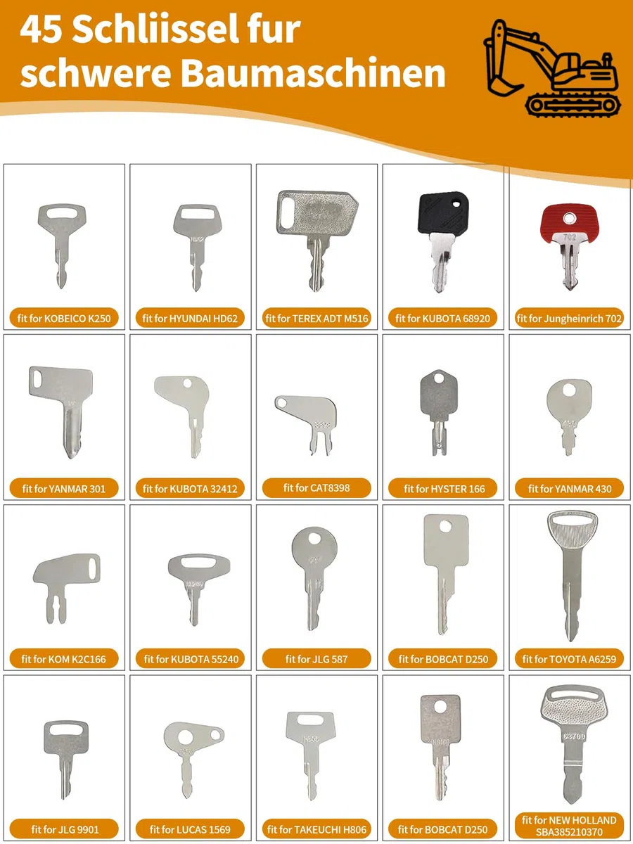 Juego de llaves universales para maquinaria de construcción, 45 unidades, compatible con John,Deere,Cat,Toyota, Kubota, JCB, Hitachi, New Holland, Case, Clark, Massey Ferguson