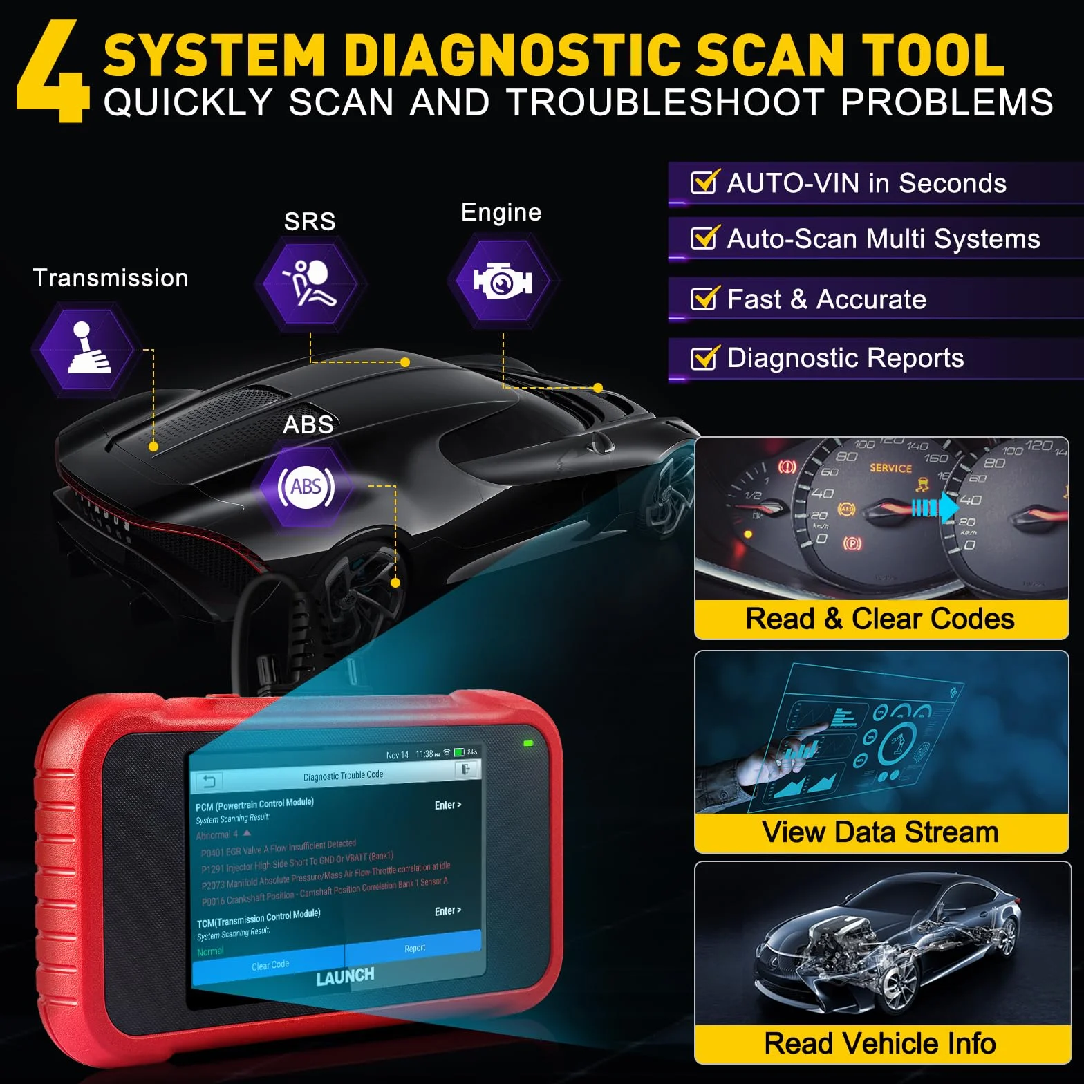 LAUNCH CRP123E V3.0 OBD2 Diagnosis Coche con Sistema de Motor ABS SRS Transmisión y 7 Funciones de Reinicio, OBD 2 Escaner Automotriz Reset de Aceite ETS SAS, Diagnostico Multimarca WIFI Actualización