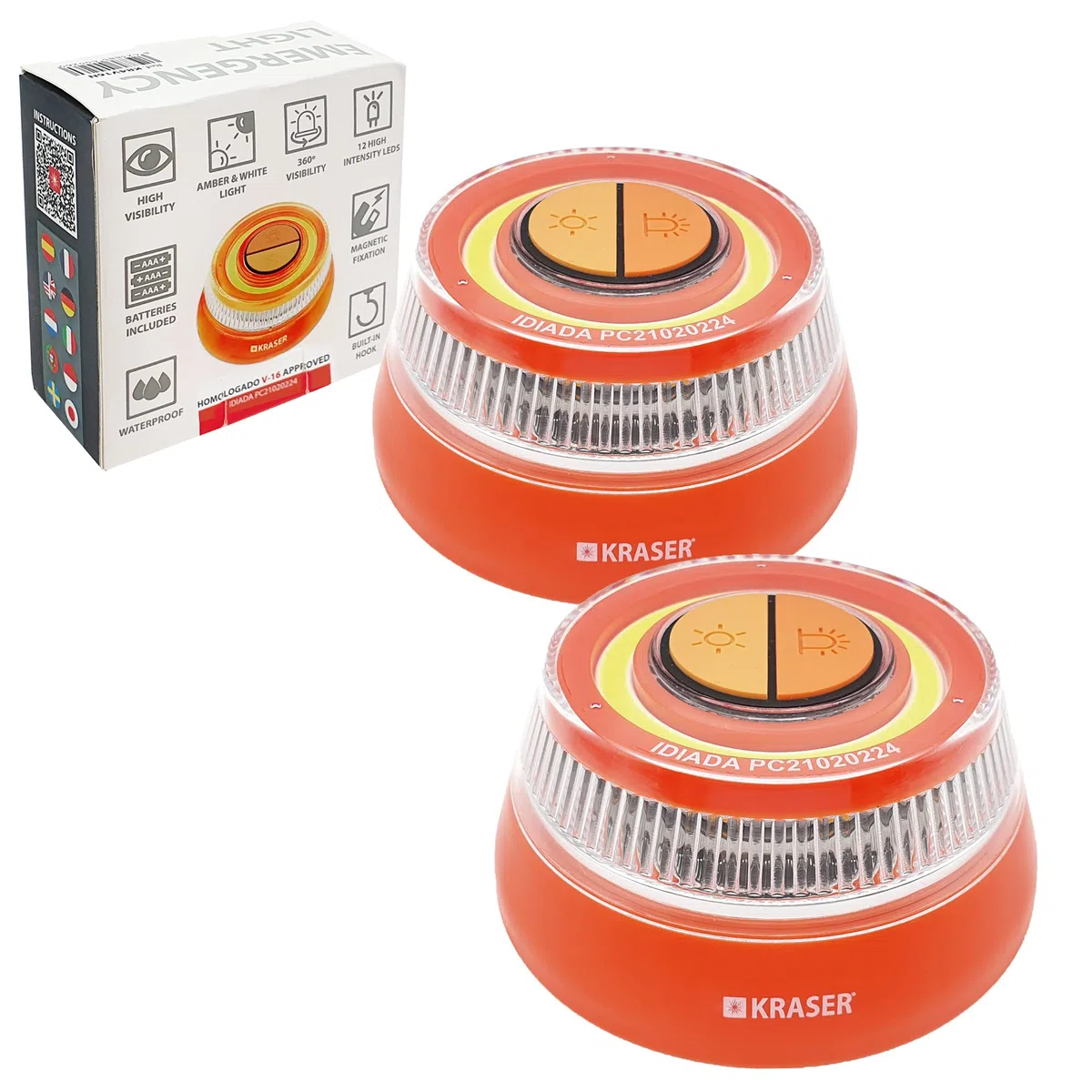 KRASER KR4V16NP2 Pack 2 Luz Carretera Naranja, Holomogada DGT LED Intensidad, Baliza Luminosa de Emergencia Imantada, Autónoma, Pilas Incluídas, Compacta Linterna con Colgador