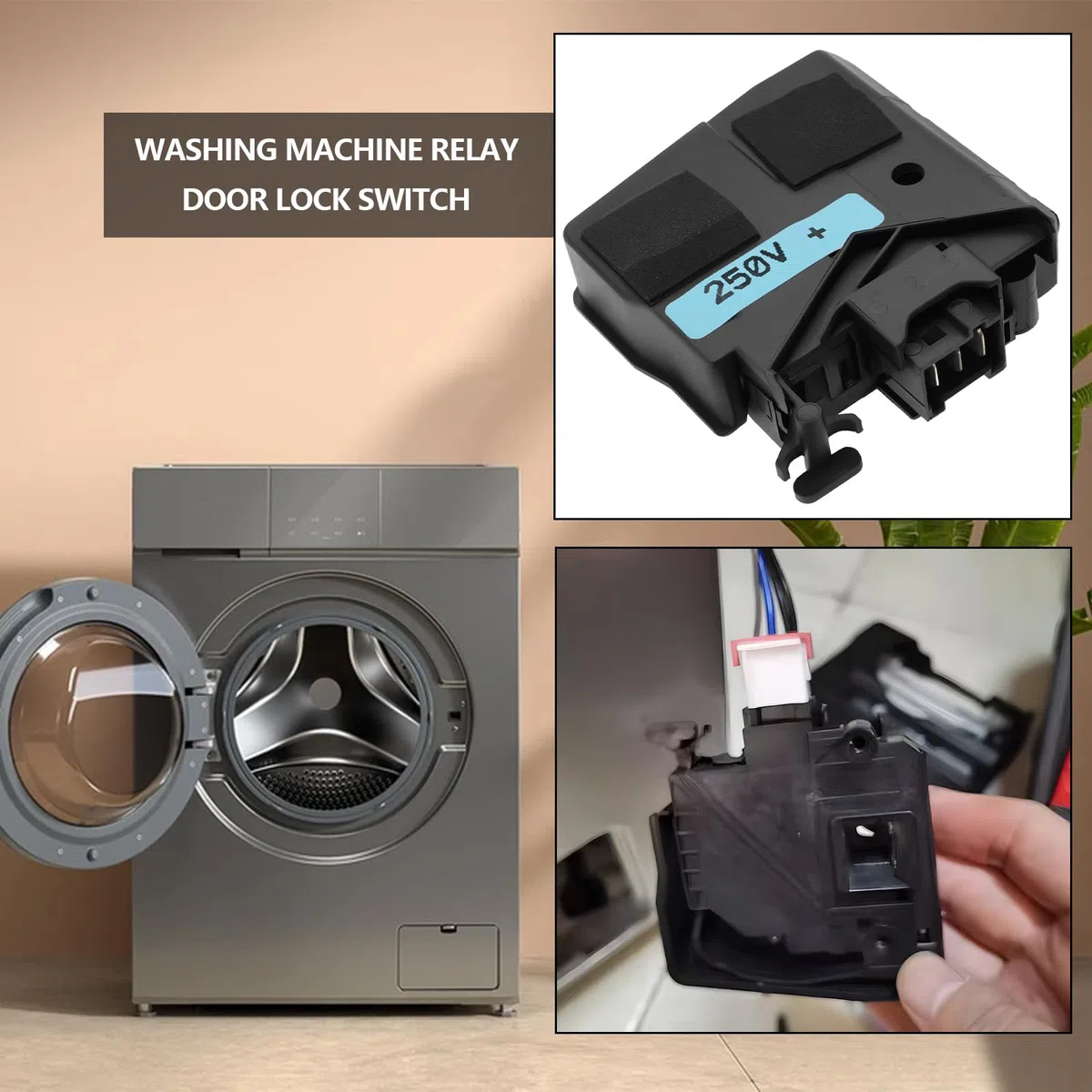 1 Pieza de Repuesto de Interruptor de Bloqueo de Puerta de Lavadora Solenoide de Enclavamiento Compatible con Samsung DC34-00026A WD90J6410AW Color Negro