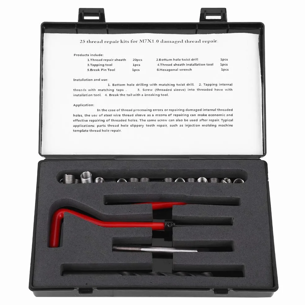25Pcs Kit de reparación de roscas Acero inoxidable M7x1 Taladro retorcido Llave roscada Insertar herramienta de inserción de grifo