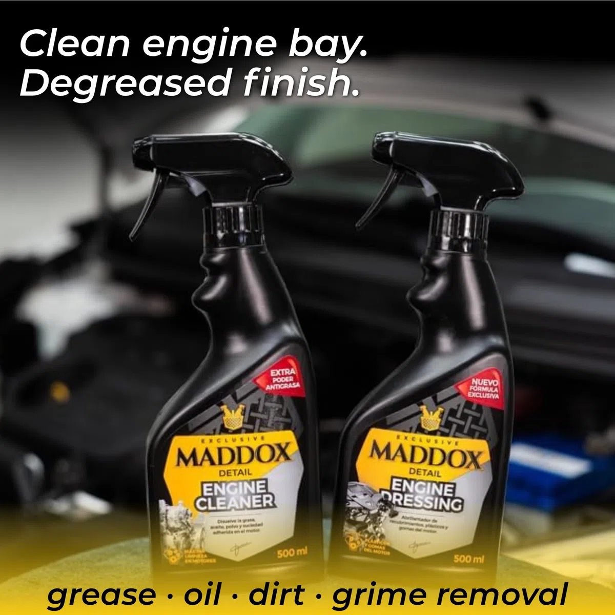 Maddox Detail - Limpia Motores e Hidratador de Plásticos para Coche | Set Limpieza de Coche para limpiar y cuidar tu motor | Hidratador de Gomas para Coche | Limpia Motor | Engine Care Kit 2x500ml