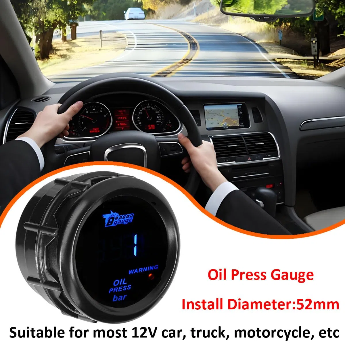 Medidor de Presión de Aceite para Coche 52mm Indicador de Aceite Presión para Auto 12V Azul Luz Digital Manómetro de Press para Automóvil 0 a 7 Bar