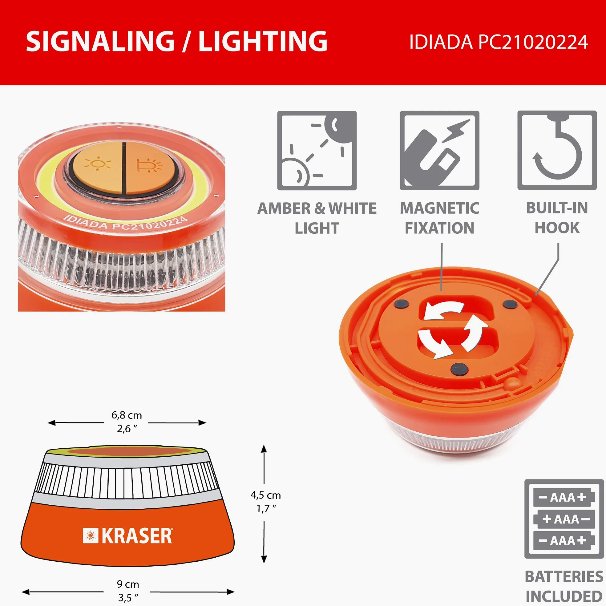 KRASER KR4V16NP2 Pack 2 Luz Carretera Naranja, Holomogada DGT LED Intensidad, Baliza Luminosa de Emergencia Imantada, Autónoma, Pilas Incluídas, Compacta Linterna con Colgador