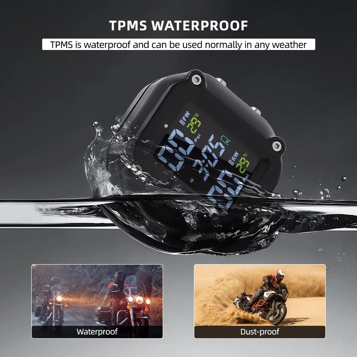 KAOLALI Motocicleta TPMS Sistema de monitoreo de presión de neumáticos con Pantalla LCD de 2 sensores externos Carga USB magnética e IP67 Impermeable
