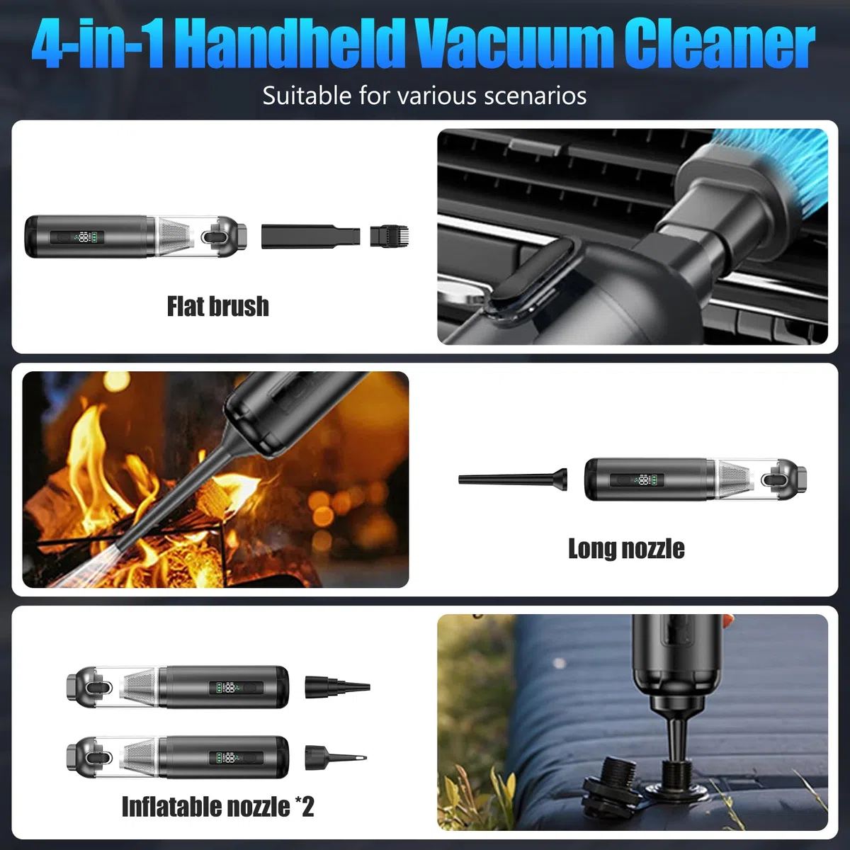 Journeyside Aspiradora de Mano para Coche, Aspiradora de Mano Inalámbrica16,000 PA, Aspiradora de Mano 2 en 1 Pantalla LED, 3 Niveles de Succión para Limpiar Rincones y Pequeños Residuos