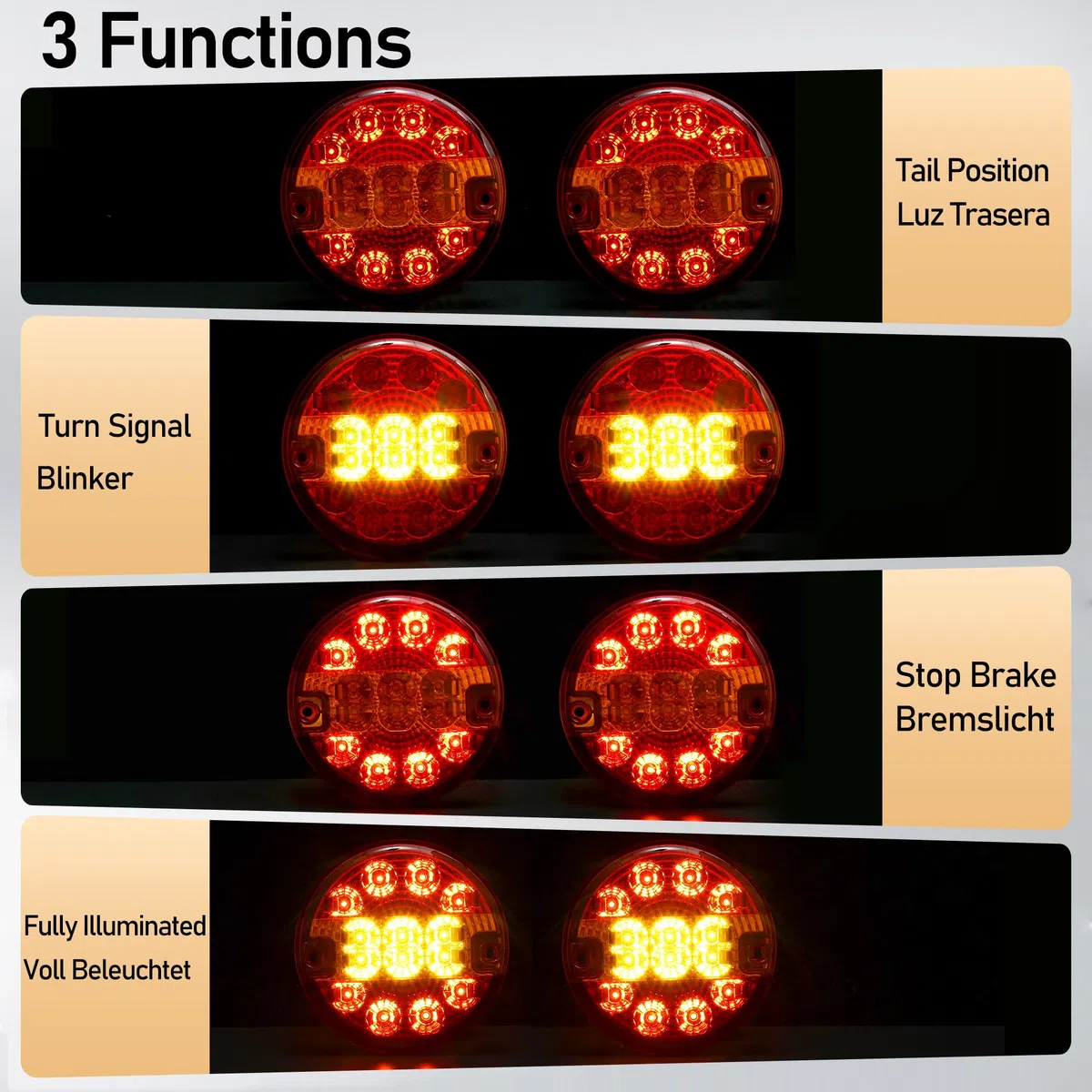 2 x Pilotos Traseros Remolque Redondo LED 12V/24V Rojo Luces Remolque Homologados E11, Impermeable IP67, 3-en-1(Freno/Posición/Intermitentes) para Remolques Camións Caravanas