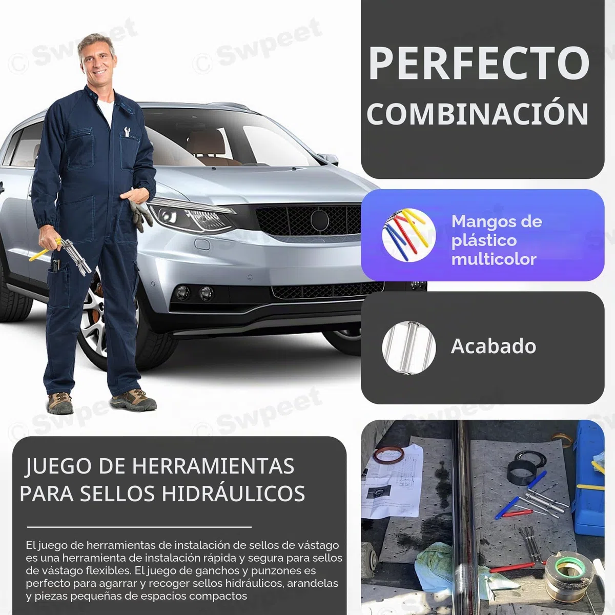 Swpeet 5 piezas de herramientas de instalación de sello hidráulico, herramientas de reparación de pistón de cilindro hidráulico, juego de herramientas de instalación de sello en U de torsión con juego