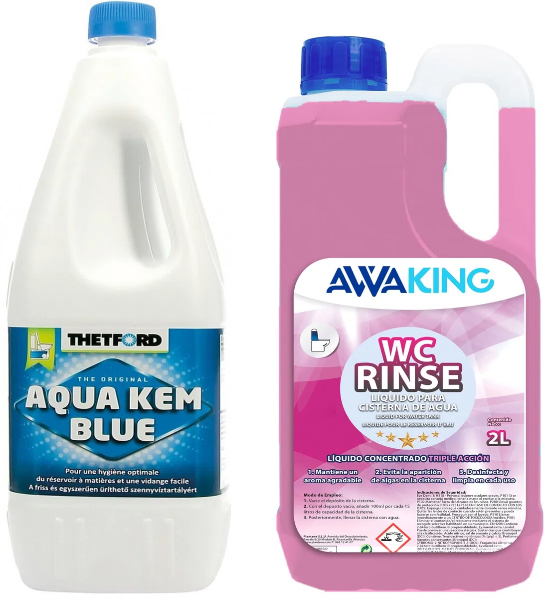 PLANTAWA Thetford Aqua KEM Blue + Rinse 2L Awaking, Pack Aditivos para Aguas Negras de Caravanas, Depósito de Residuos Autocaravanas, Sanitary Fluid, Altamente Concentrado, Líquido Potty, WC Quimico