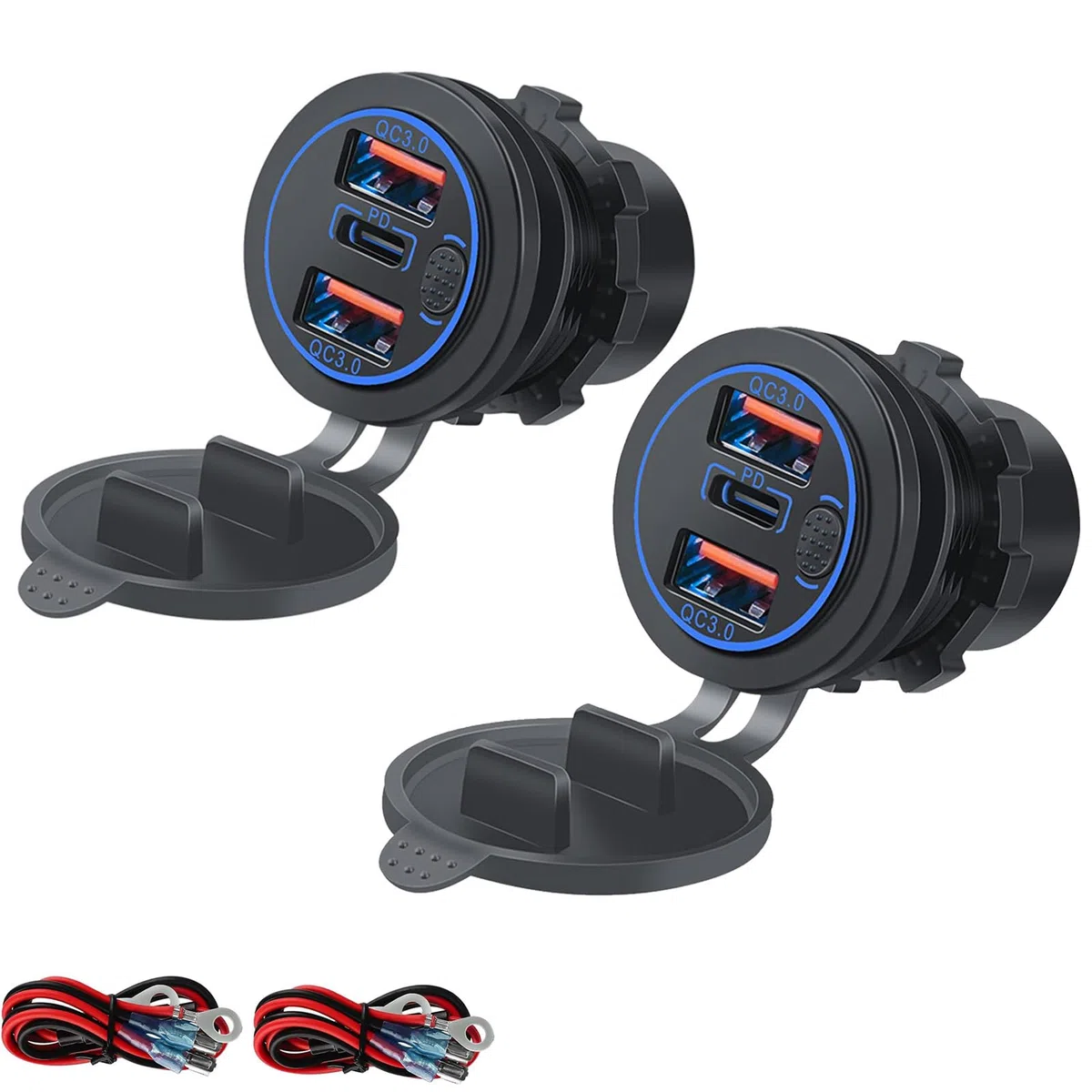 Cargador USB 12-24V, 66W, PD y QC3.0 con Interruptor y Luz Azul para Moto, Coche, Caravanas, Barcos, Camiones - Cargador Impermeable (2PD+4QC)