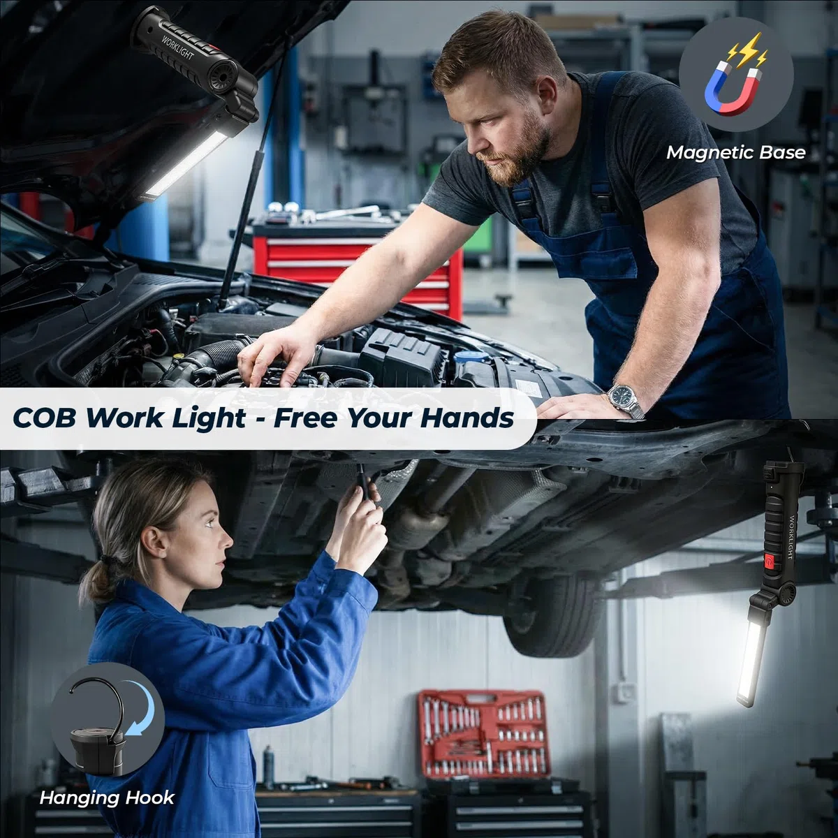 Lámpara LED de taller 4 unidades, regalo para hombres, mecánico, lámpara de trabajo | linterna | recargable taller lámpara de mano con imán y gancho para herramientas de reparación de coches y camping