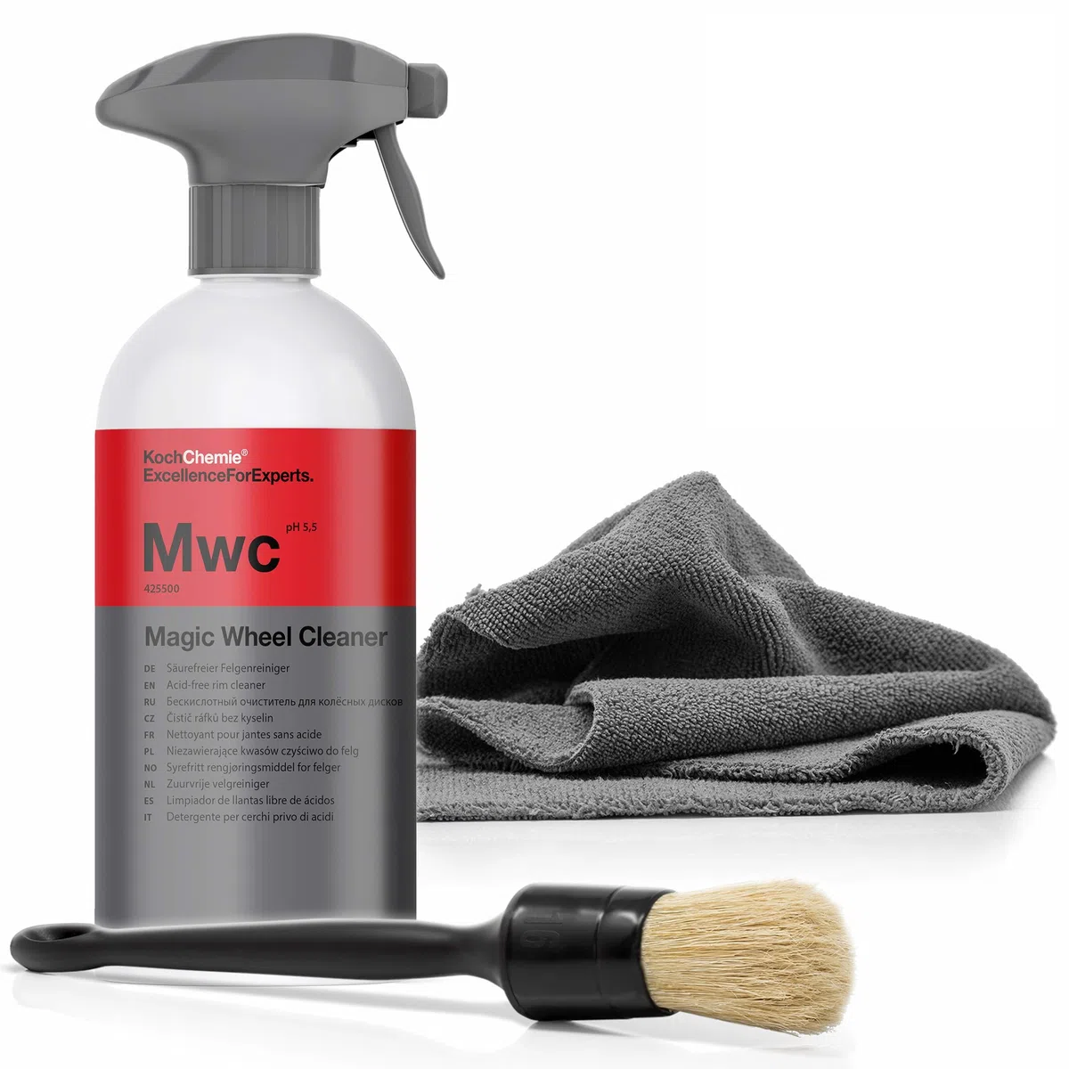 detailmate Juego de limpieza de llantas Koch Chemie MWC Magic Wheel Cleaner, limpiador de llantas sin ácido, 500 ml, pincel ValetPro y paño de microfibra para pulir (juego de cepillos suaves)