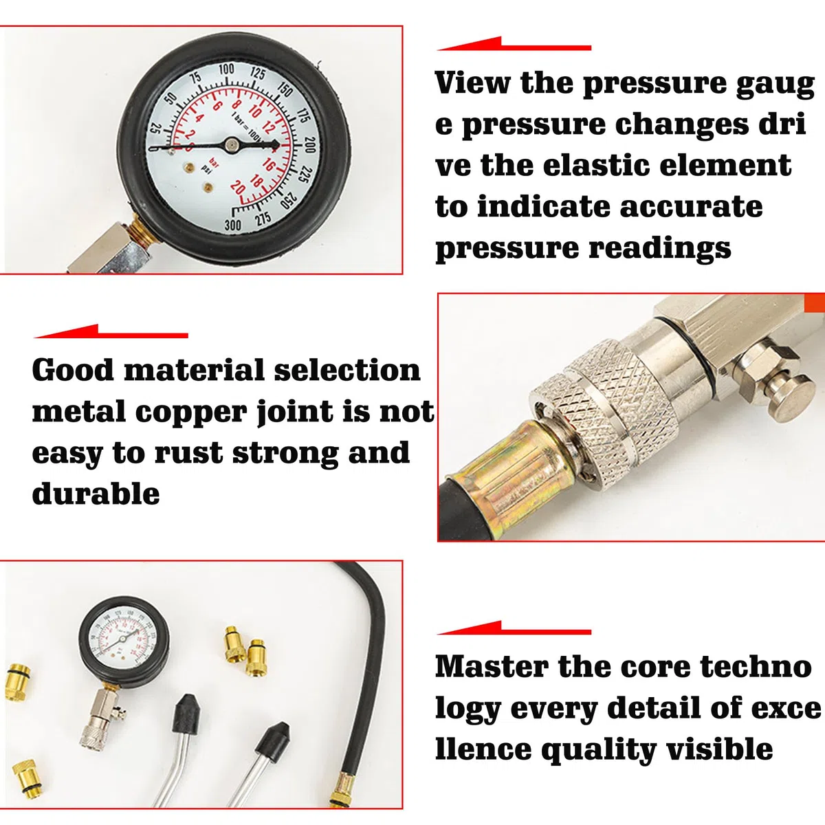 Compresión Kit de Compresión para Coche: Manómetro Juego de herramientas con 4 adaptadores y maletín, medidor de compresión de motor de gasolina 0-20 bar o 0-300 psi, comprobador de compresión para