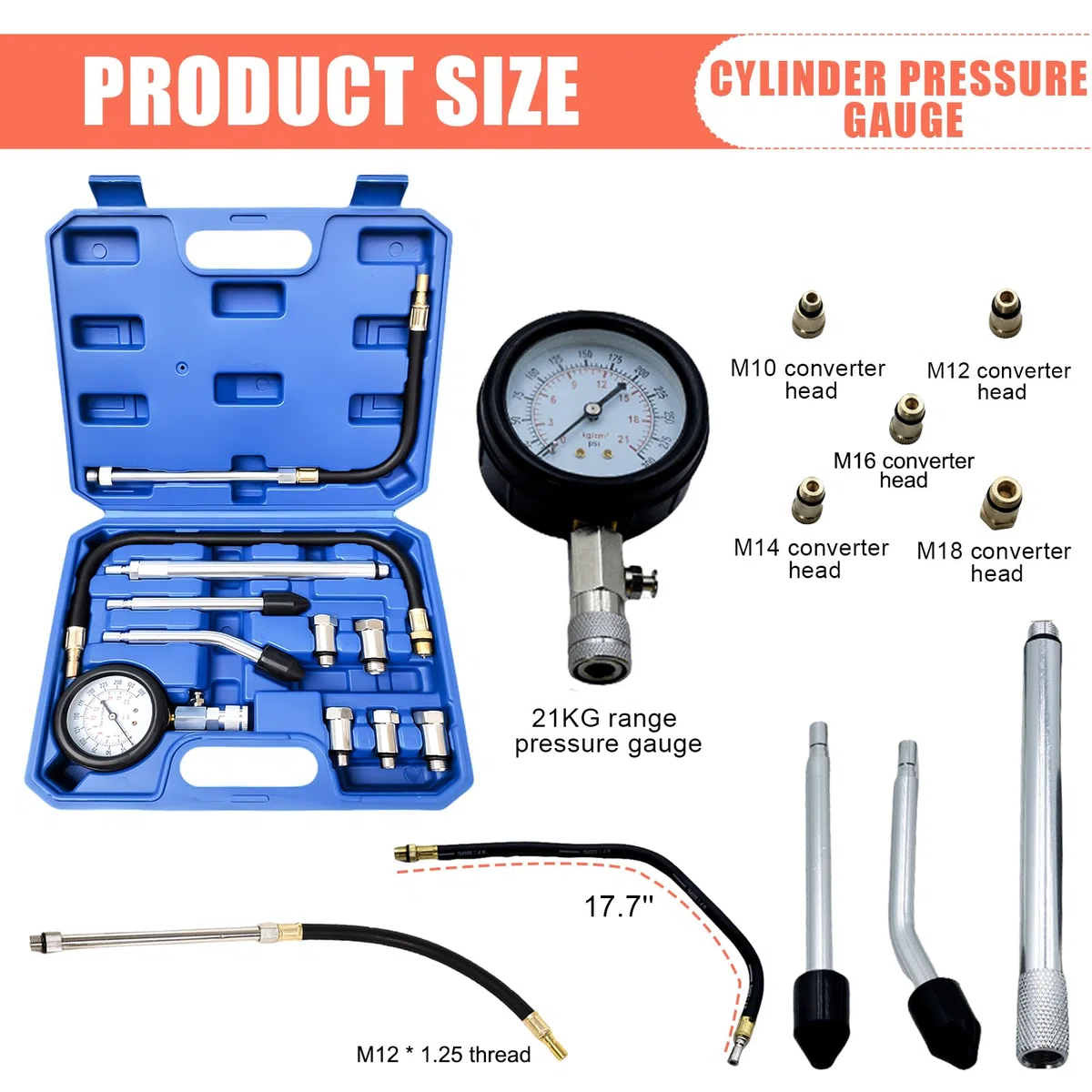 Juego de 11 comprobadores de compresión para motor de gasolina, 0-300 PSI / 0-20 bar, comprobador de compresión de gasolina, medidor de compresión de presión cilíndrica