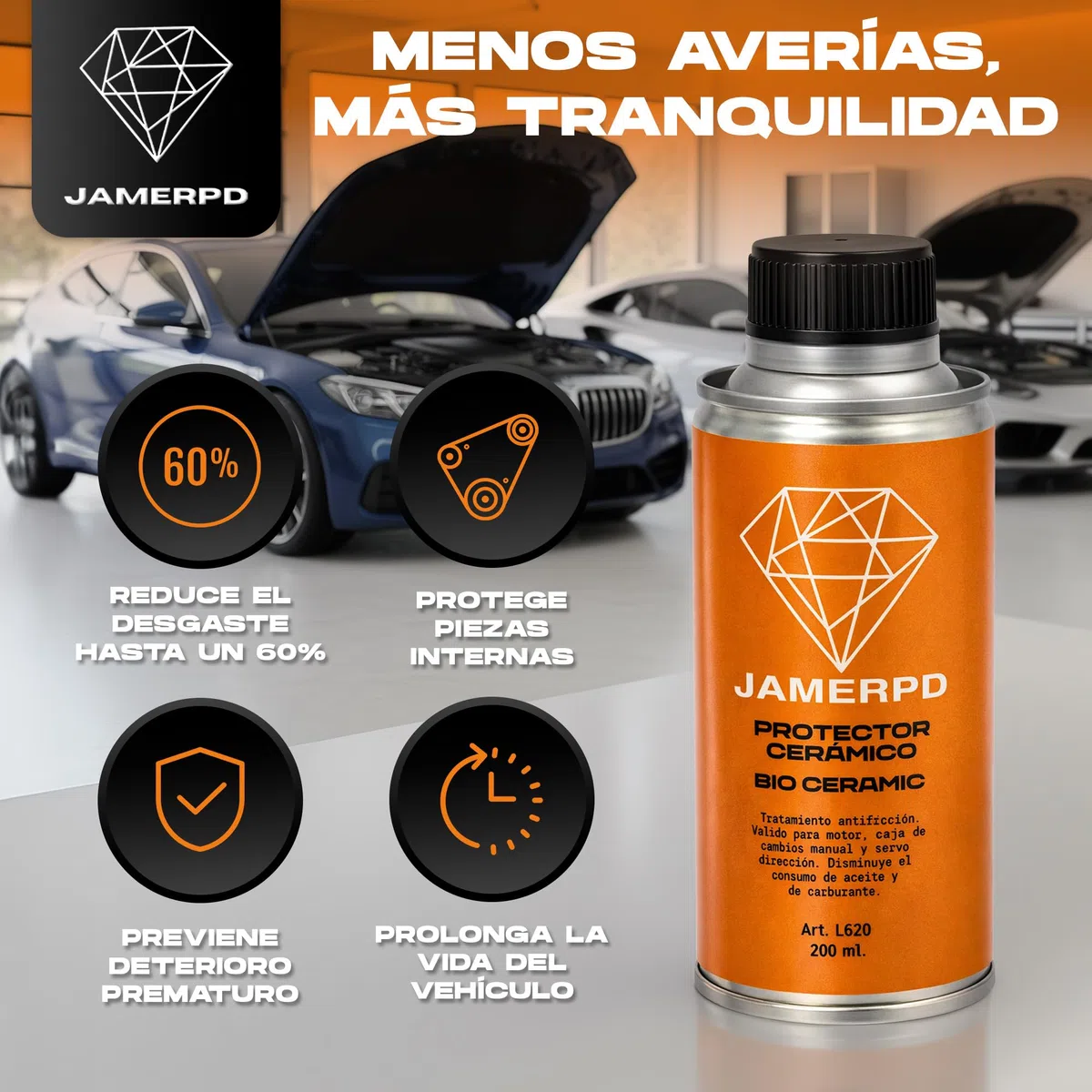 JAMERPD Protector Cerámico 200ml | Aditivo para Motor, Caja de Cambios y Dirección | Reduce Desgaste, Mejora Lubricación y Elimina Ruidos | Compatible con Diésel y Gasolina