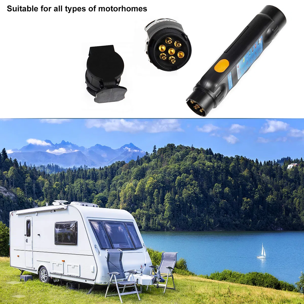 EXLECO Probador De Remolque 12V 7 Pines Conector de Enchufes Y Zócalo Herramientas de diagnóstico y Adaptador de Conector 13 Pines para Caravan o Camioneta (7 Pines probador y Adaptador)