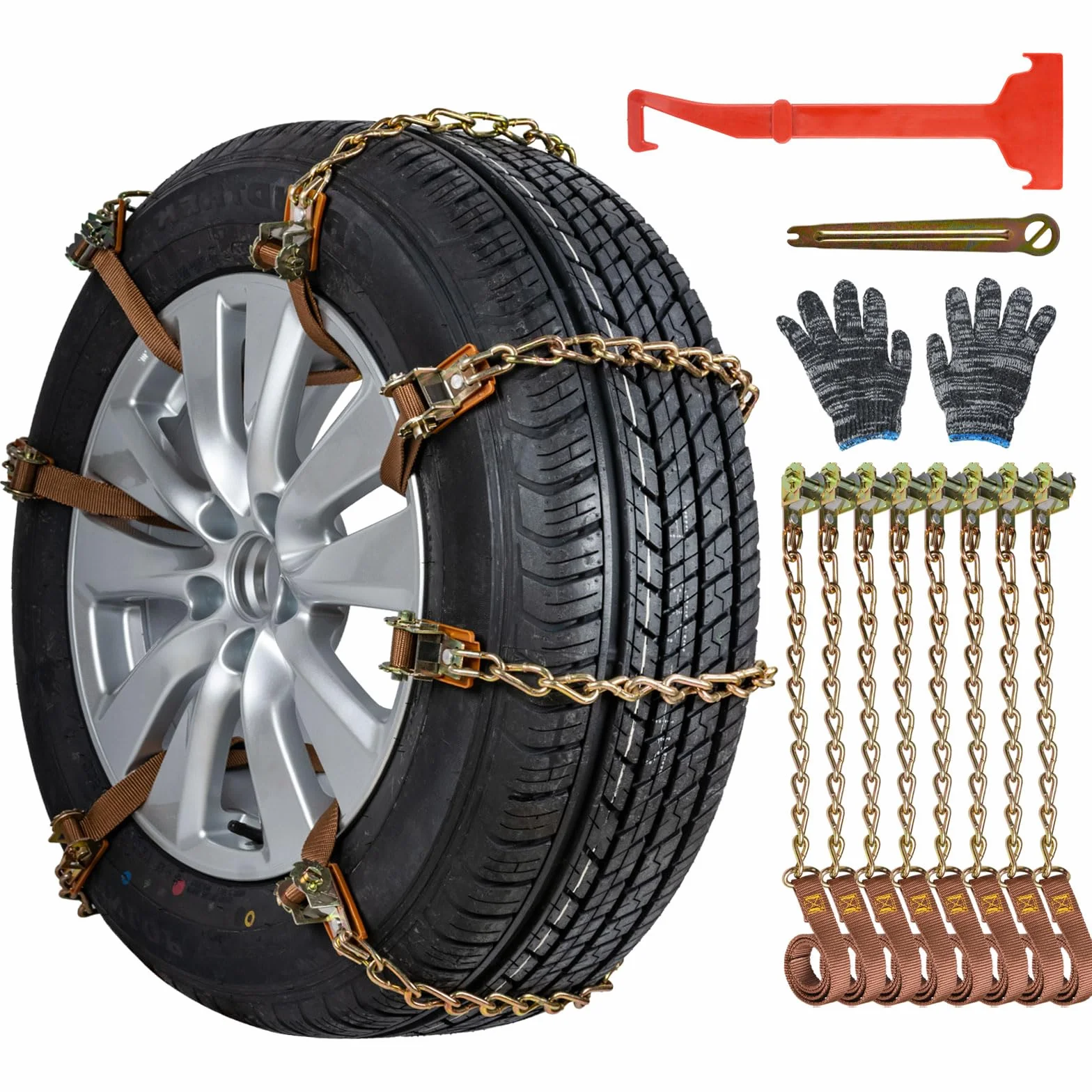 Cadenas de nieve 8 piezas Cadenas ajustables antideslizantes con pala de nieve de plástico y guantes Fácil de instalar Cadena de nieve duradera para neumáticos para automóvil, SUV