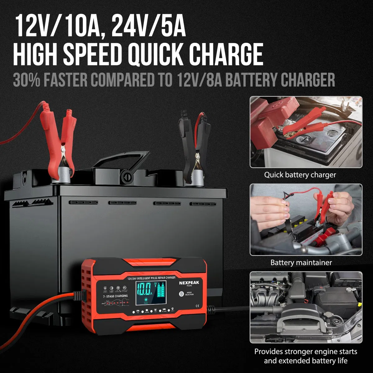 Cargador de batería Inteligente de 10A, Carga de batería de Coche, Cargador de batería portátil con Pantalla LCD Coche, Motocicleta, camión, AGM, Gel, Mojado, SLA (Rojo Intenso)