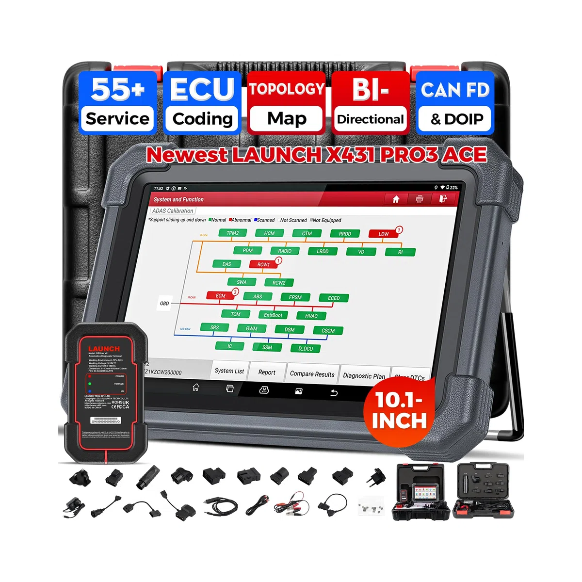 LAUNCH X431 PRO3 Ace OBD2 Diagnosis Coche Multimarca DBScar Bluetooth, Mapeo Topológico, Codificación ECU, CANFD&DoIP, 55+ Servicios, Función SGW, Vehículo Pesado Expanda Escáner, Guiada V.A.G.