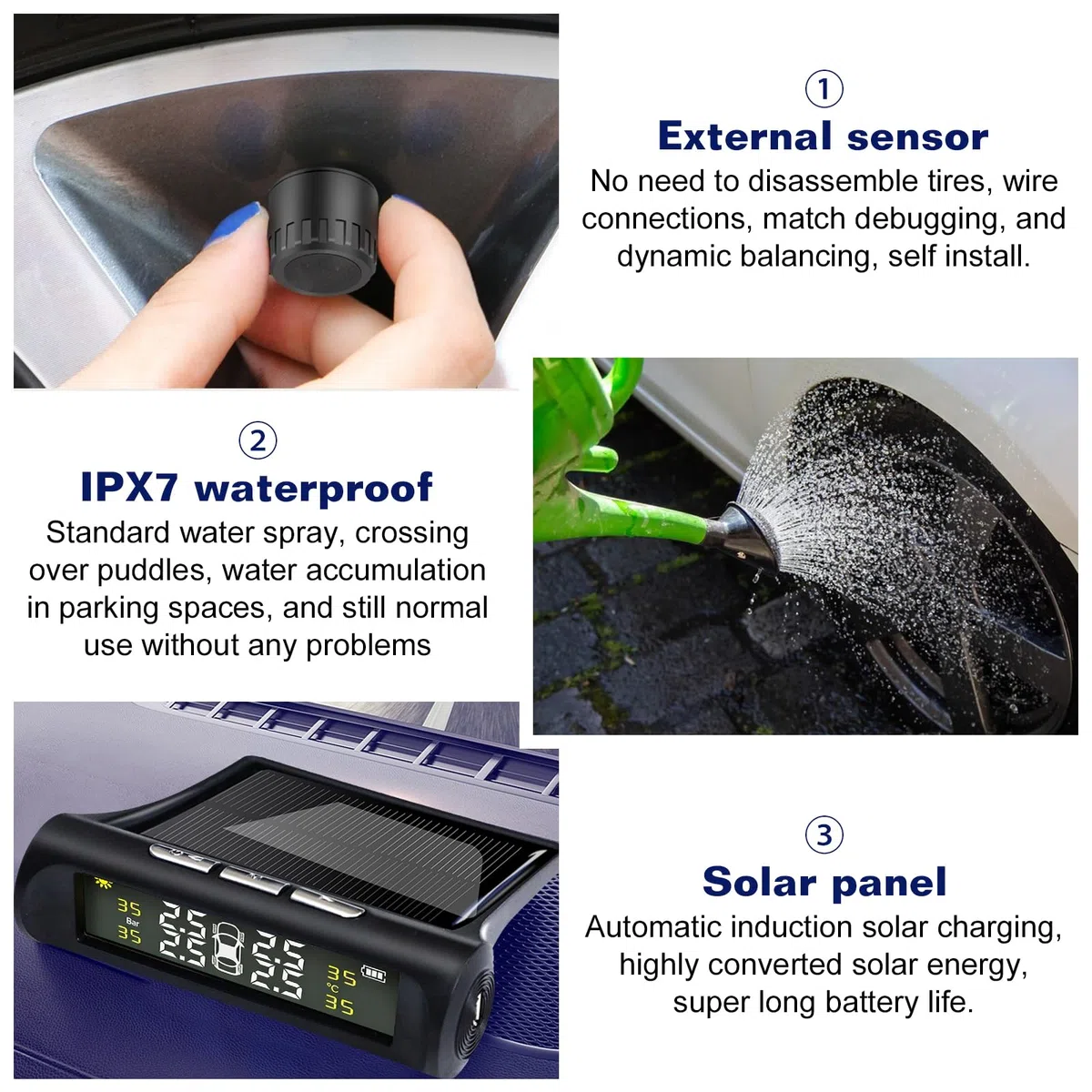 BAIFULAI TPMS Sistema de control de presión de neumáticos: IPX7 resistente al agua, sistema de control de presión de neumáticos con 4 sensores exteriores, digital alimentado por energía solar, mini