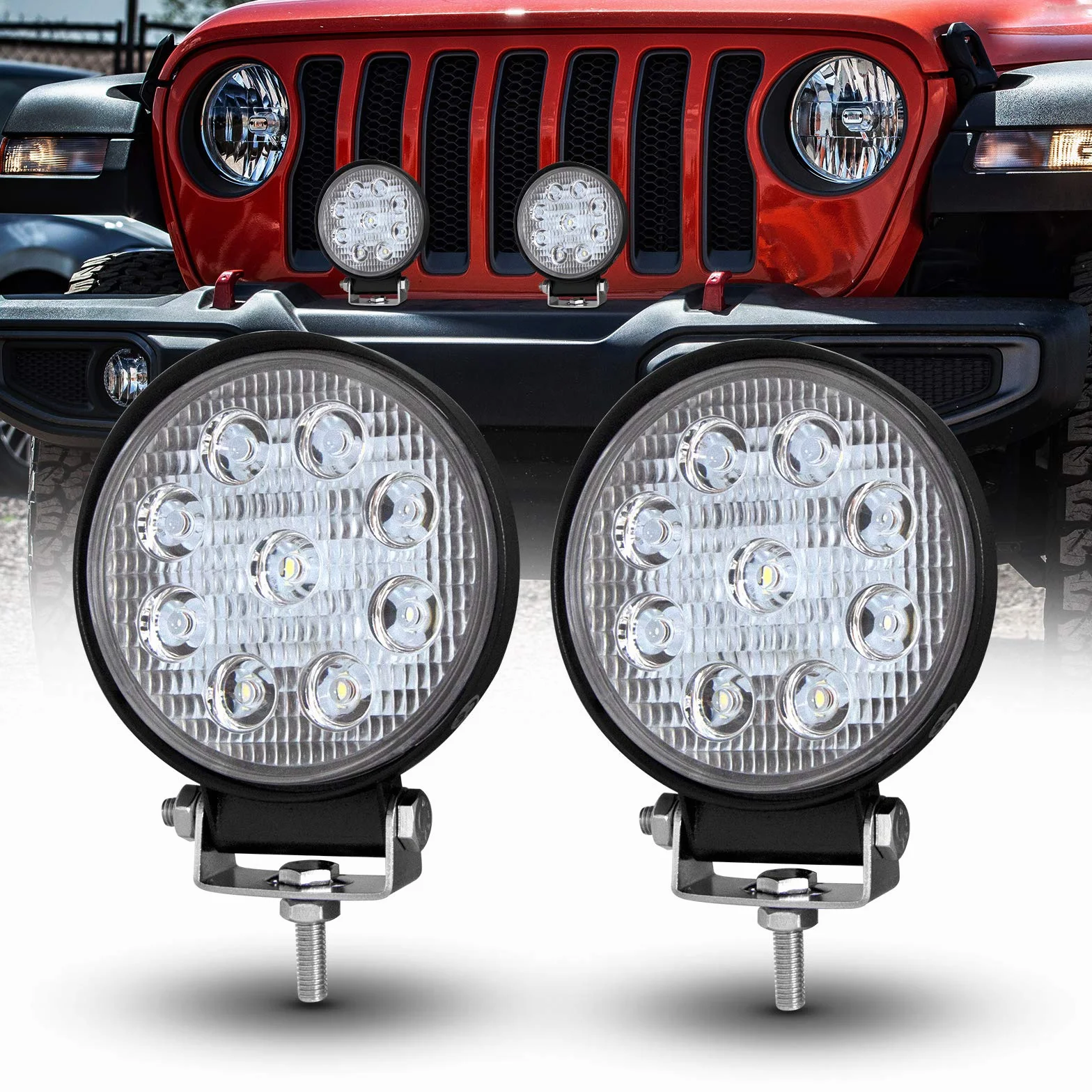 PICAA Foco de Trabajo LED 2PCS 4 Pulgadas 27W Ronda Luz de Inundación para Tractores 12V-24V 6000K IP68 Impermeable, Luz de Niebla para Coche, SUV, UTV, ATV, Off-road, Camión, Moto, Barco