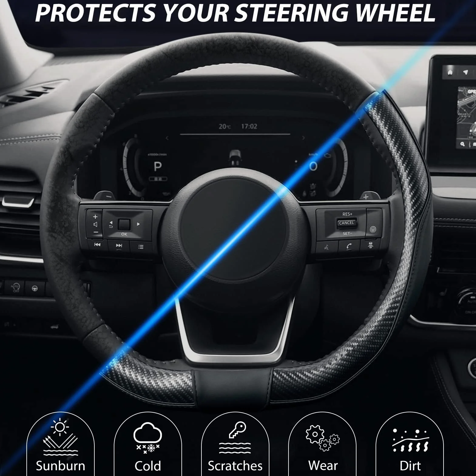 SEG Direct Funda para Volante de Automóvil Tipo D, Cubierta del Volante de Coche en Forma de D, Tamaño Estándar 37-39 cm, Parte Inferior Plana, Cuero de Microfibra, Negro con Fibra de Carbono