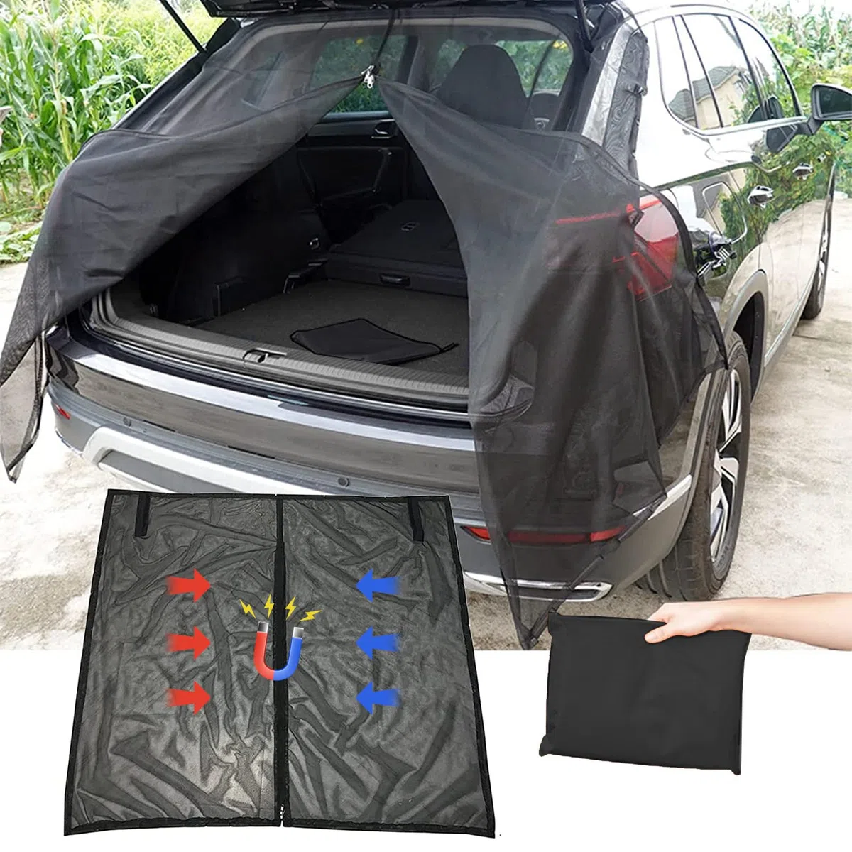 Cubierta para Maletero de Puerta Trasera de Gran Tamaño,Cortinas de Protección Solar Magnéticas,Mosquitera para Techo,Caravana O Camping,Coche para Viaje(170 * 140cm)