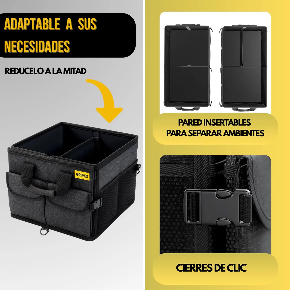 Organizador Maletero Coche 50L - Bolsa Maletero coche Plegable con Bolsillos, Base Doble y Paredes Reforzadas - Versátil y Seguro - Base Antideslizante - Cinchas Ajustables - Tapa Extraíble
