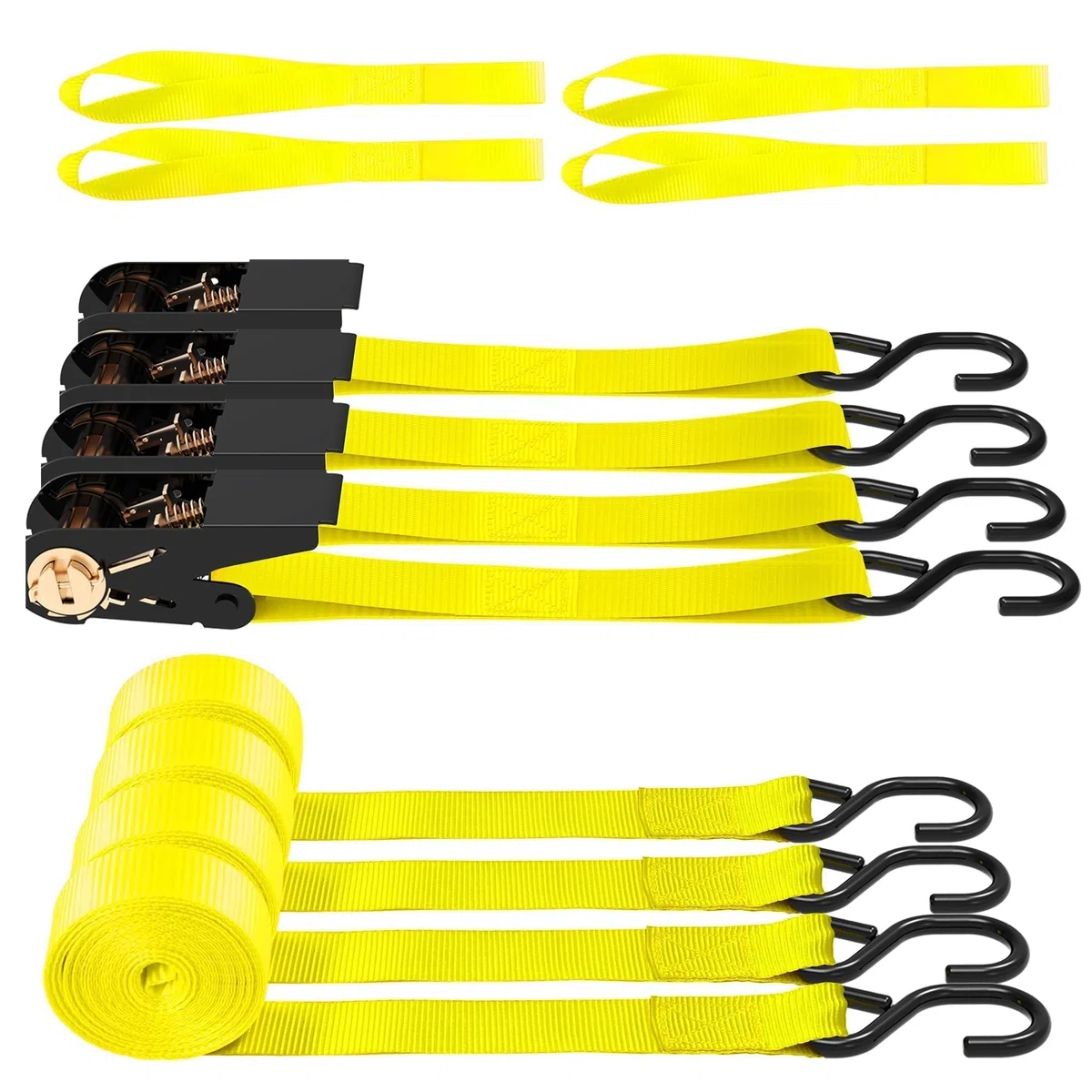 AWELCRAFT 4 Correas de Trinquete de 15 Pies – Resistencia de 1500 Libras, 4 Bucles Suaves Incluidos – Alta Visibilidad Color Amarillo para Moto, ATV, Remolque, Mudanza – Juego de Amarre para Carga