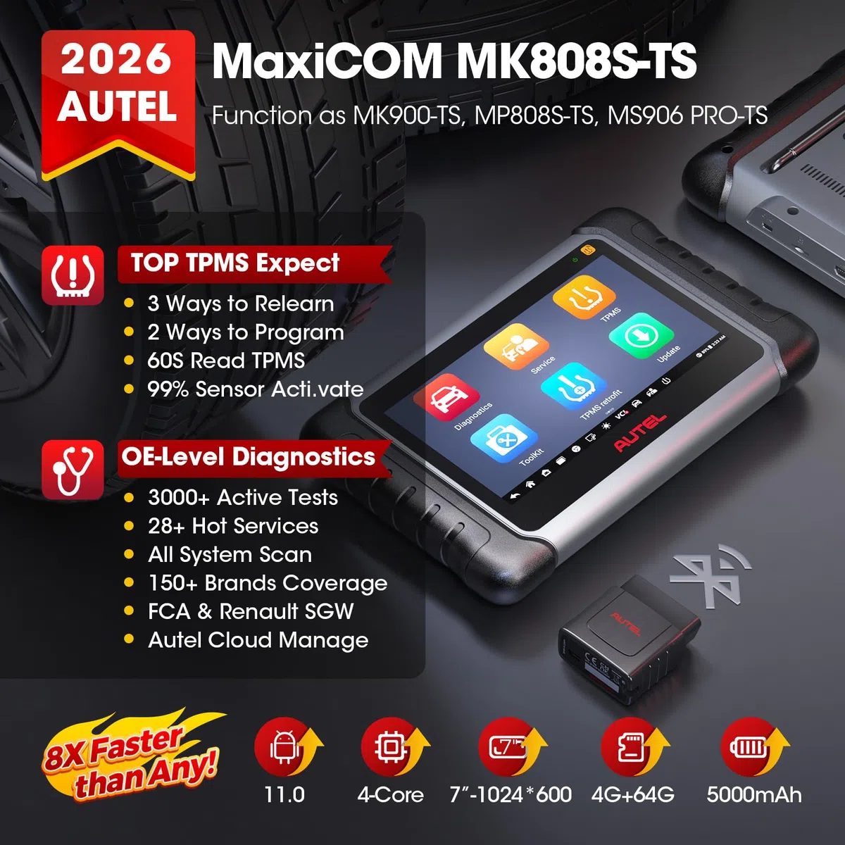 Autel MaxiCOM MK808S-TS Scanner, TPMS Completa Comprobar/Activar/Reaprender, MX-Sensores de Programación, BT Sistemas de Diagnóstico Completo, Prueba Activa, 28+ Servicios, AutoAuth para FCA SGW