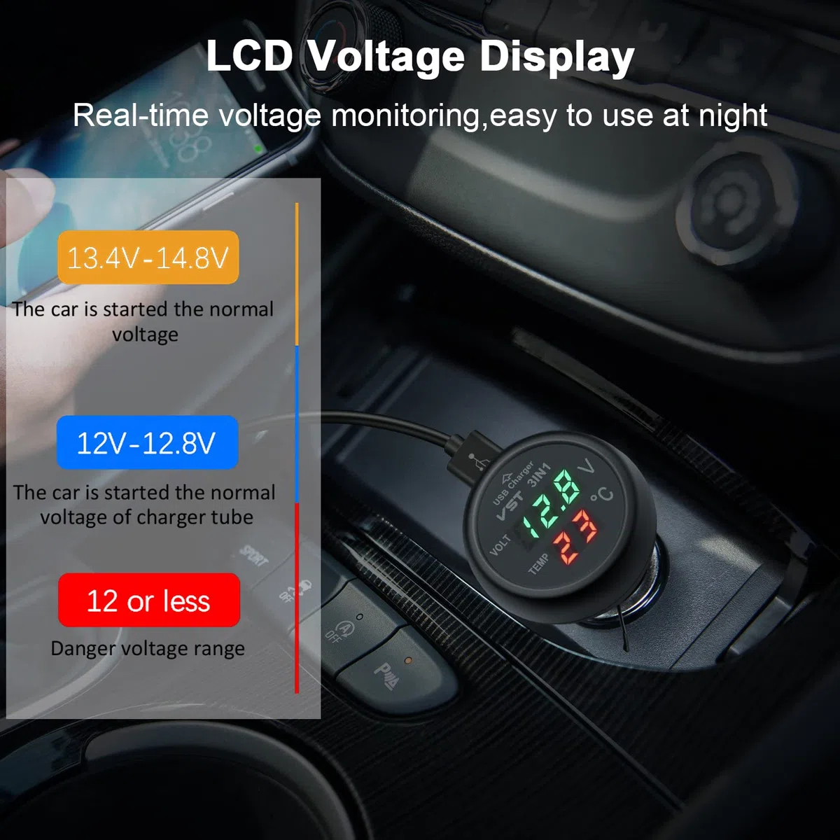 Cargador USB 3 en 1 para coche, voltímetro de coche, termómetro con pantalla digital LCD, medidor de temperatura, medidor de voltaje, SUV, autobuses