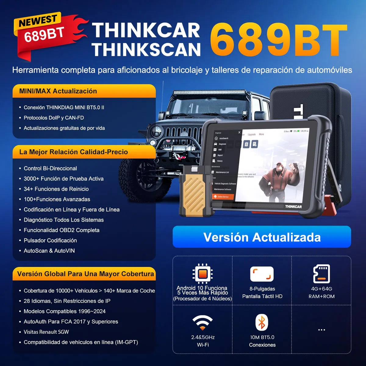 OBD2 Diagnosis, ThinkScan 689BT Diagnosis Coche Multimarca de Todos Sistema | Y 34+ Funciones de Reinicio, Diagnosis Coche Con Control Bi-Direccional/Prueba Activa-Actualizaciones Gratuitas de Por Vida