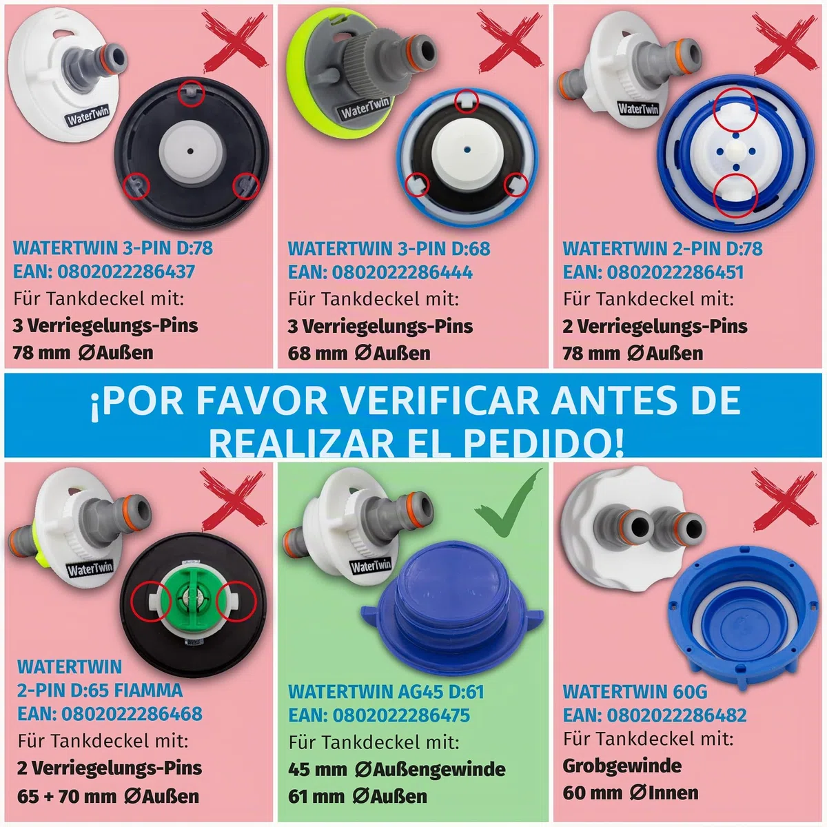 Waterwin, Adaptador de depósito de agua para autocaravana, Accesorio para boquilla de llenado, Tapa AG45 D: 61