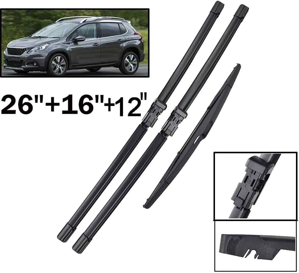 Kit de 3 limpiaparabrisas compatible con Peugeot 2008 A94 (2013-2018) | Delantero 26"+16" y Trasero 12" | Silenciador