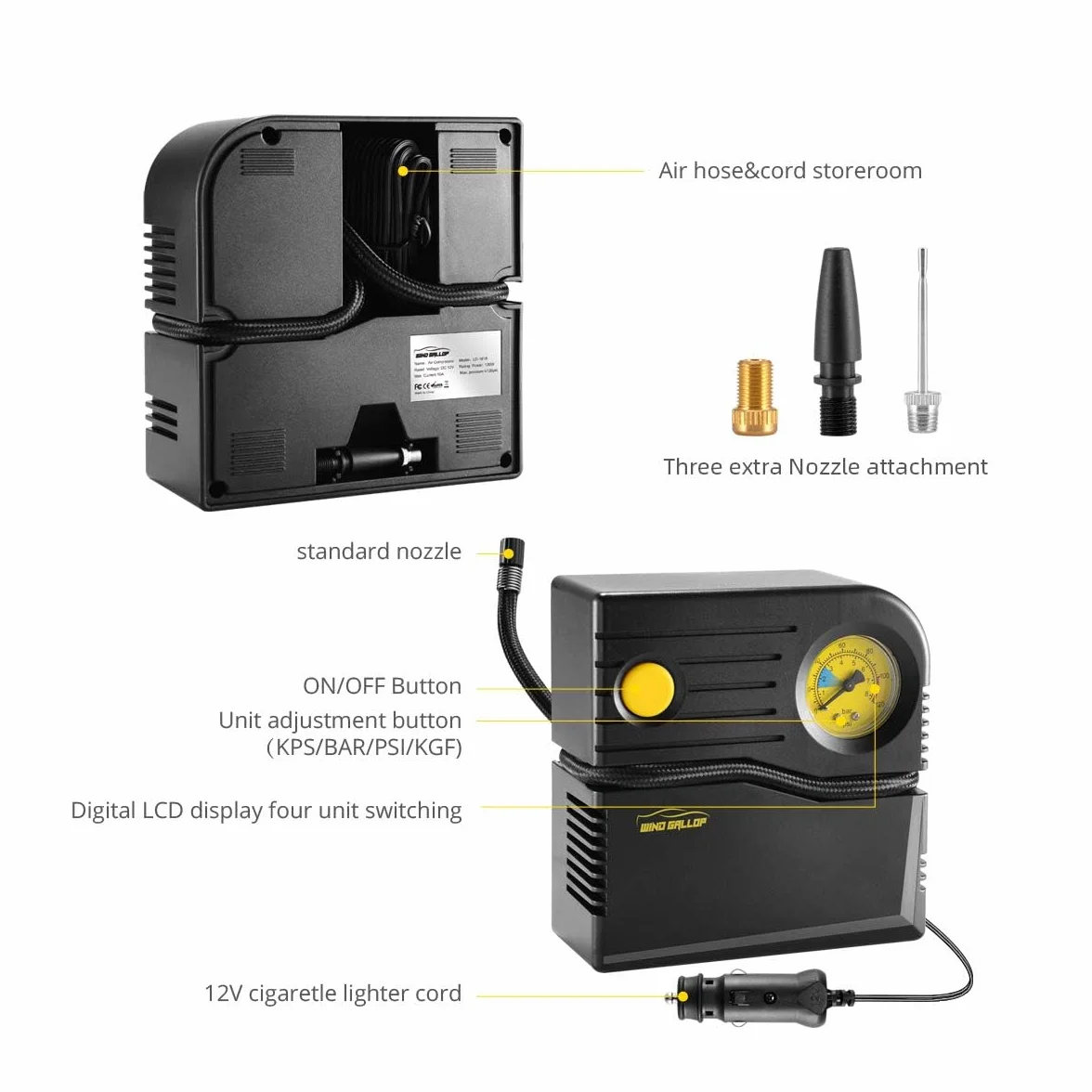 WindGallop Compresor Aire Portatil12v Inflador Ruedas Coche Hinchador Electrico Bicicleta Mini Compresor de Aire Portatil Bomba de Aire con Manómetro de Neumáticos y Adaptadores de Válvulas (Amarillo)
