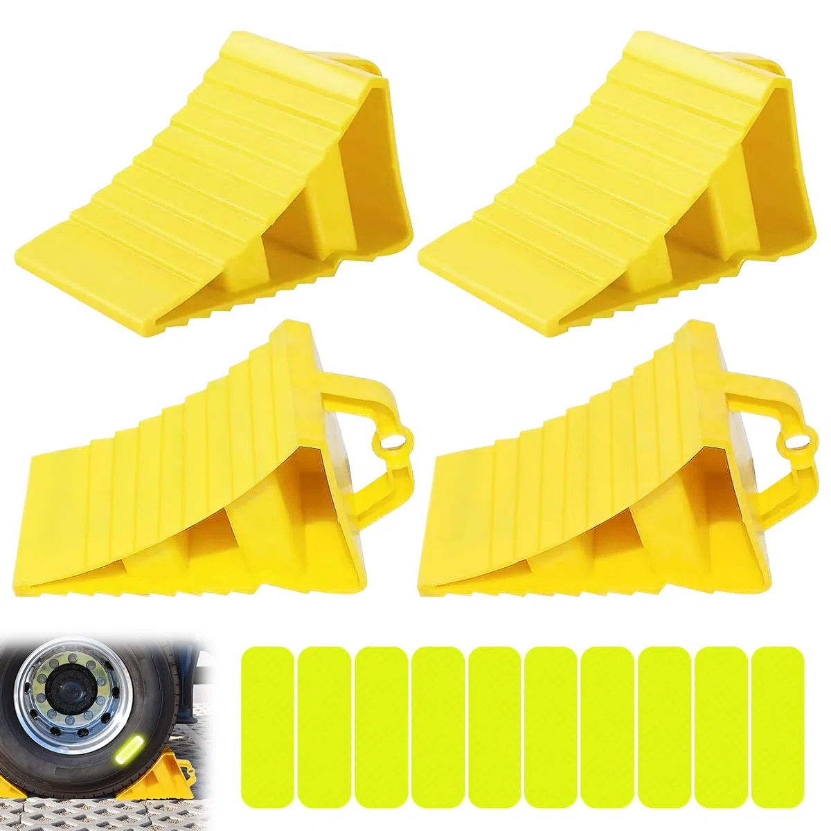 4 piezas de calzos de rueda, calzos de rueda con asas, plástico amarillo con 10 pegatinas reflectantes, calzos de rueda antideslizantes, plástico amarillo, calzo de rueda para coche, caravana